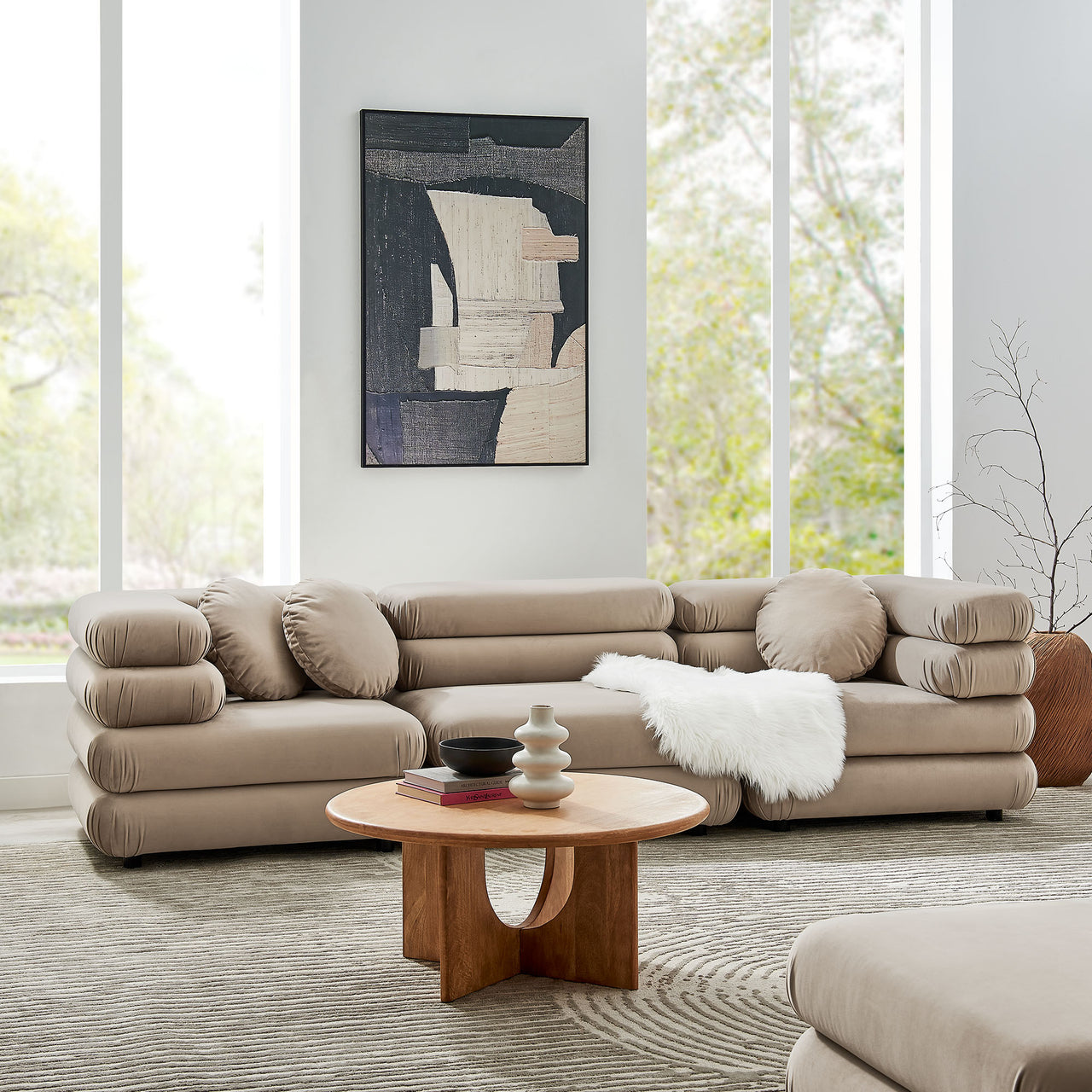 Strata 3-Piece Upholstered Velvet Modular Sectional, Taupe