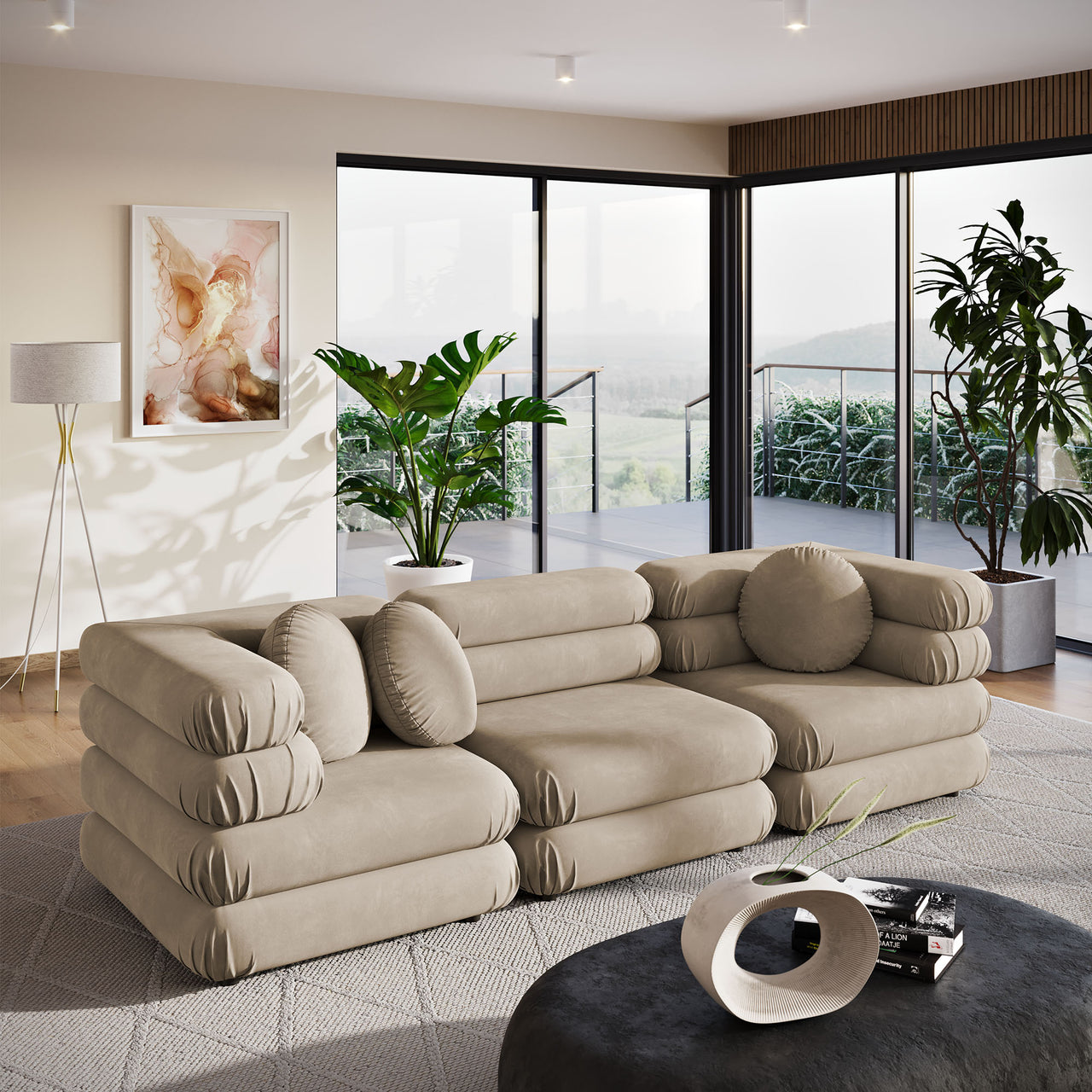 Strata 3-Piece Upholstered Velvet Modular Sectional, Taupe
