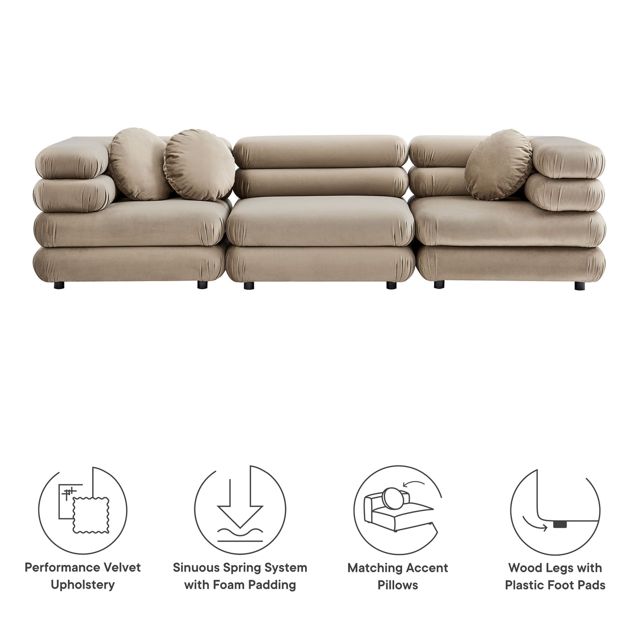 Strata 3-Piece Upholstered Velvet Modular Sectional, Taupe
