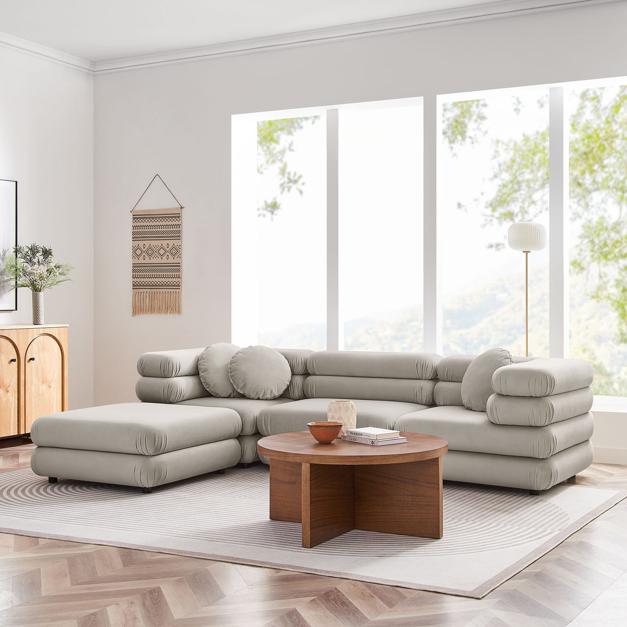 Strata 4-Piece Upholstered Velvet Modular Sectional, Almond