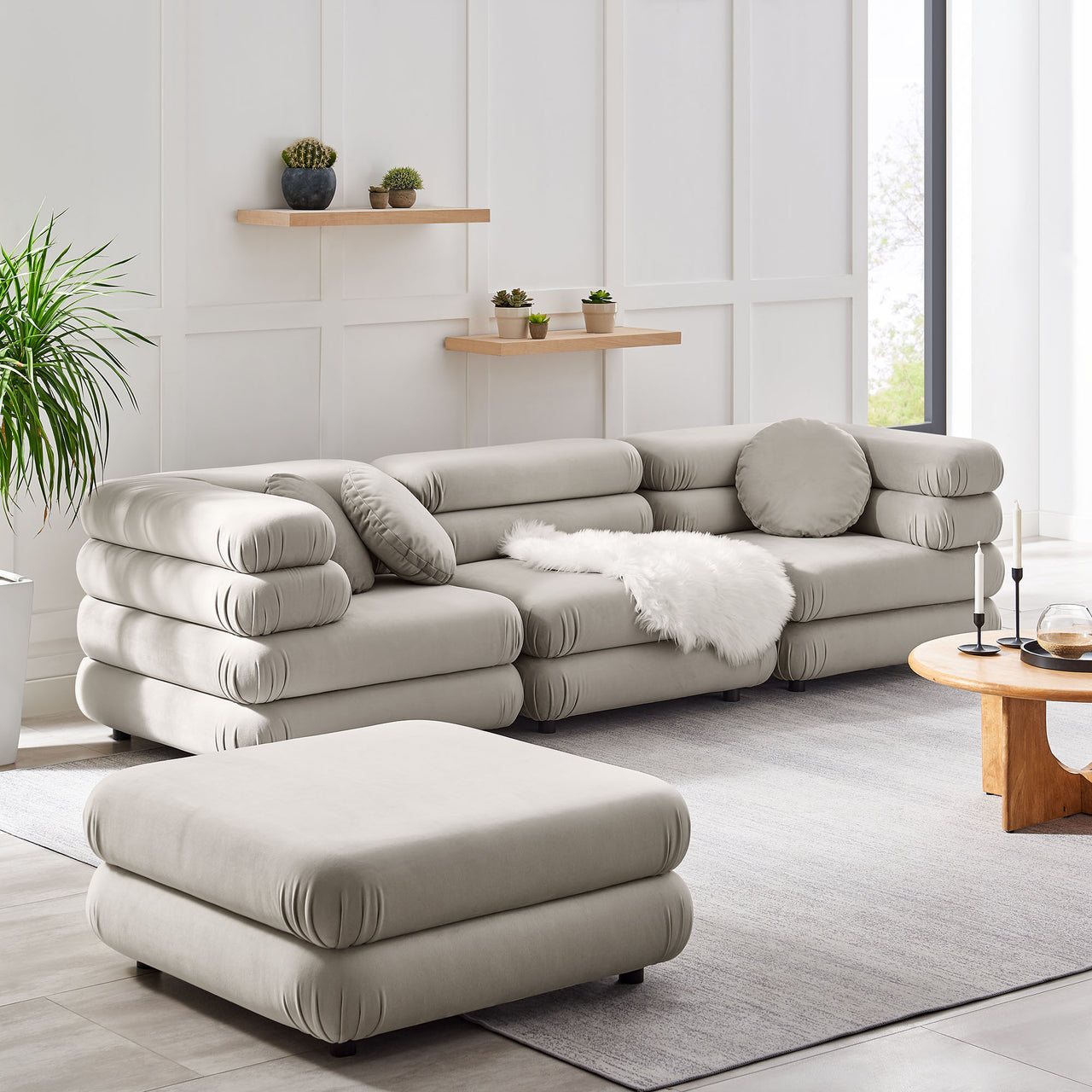 Strata 4-Piece Upholstered Velvet Modular Sectional, Almond