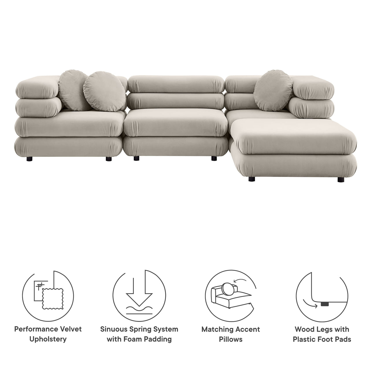 Strata 4-Piece Upholstered Velvet Modular Sectional, Almond