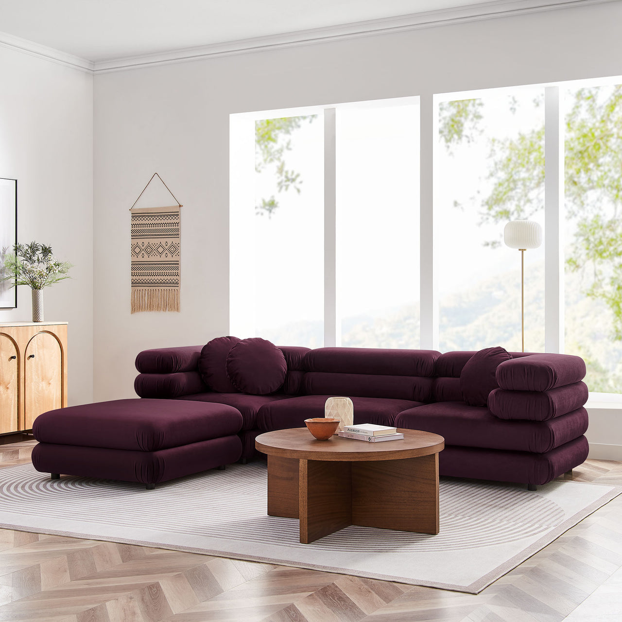 Strata 4-Piece Upholstered Velvet Modular Sectional, Wine