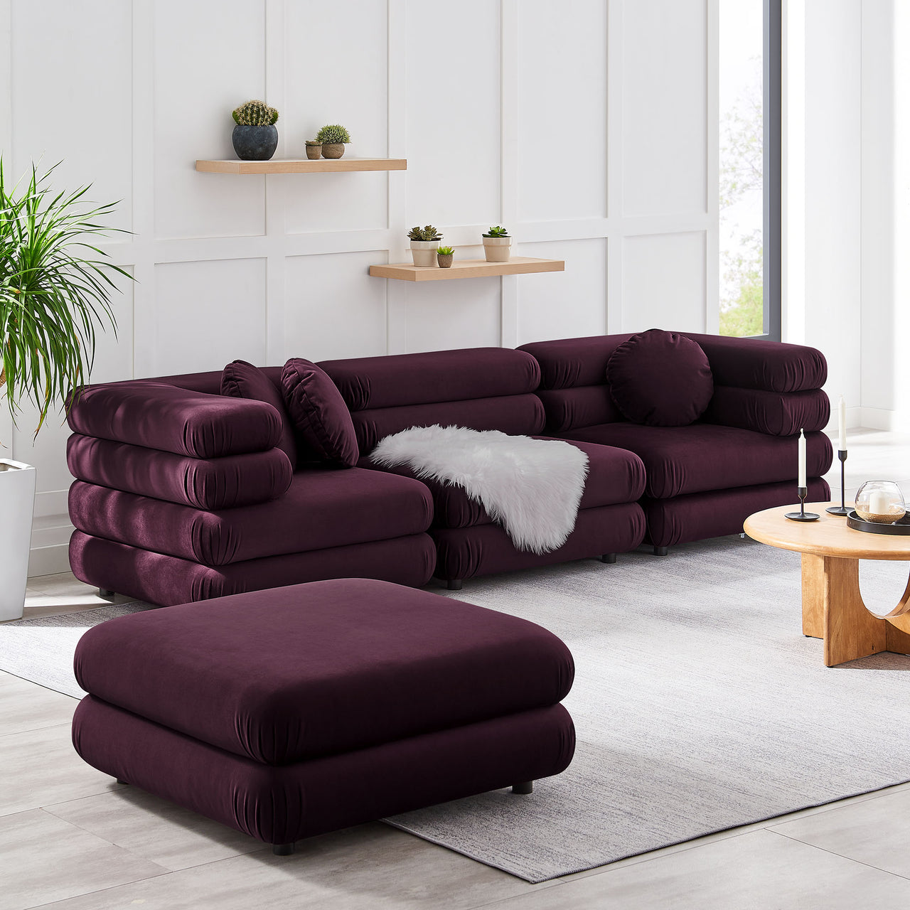 Strata 4-Piece Upholstered Velvet Modular Sectional, Wine