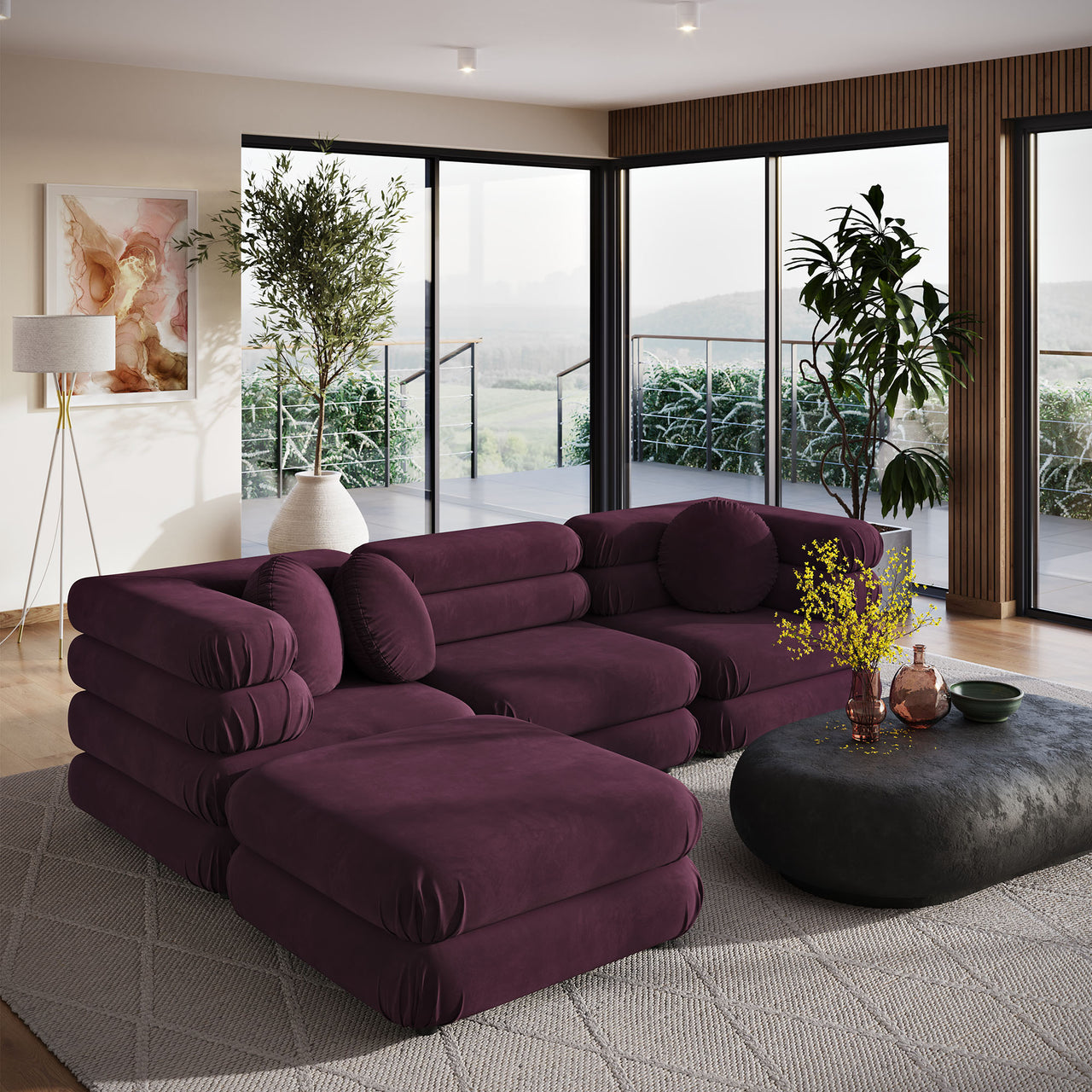 Strata 4-Piece Upholstered Velvet Modular Sectional, Wine