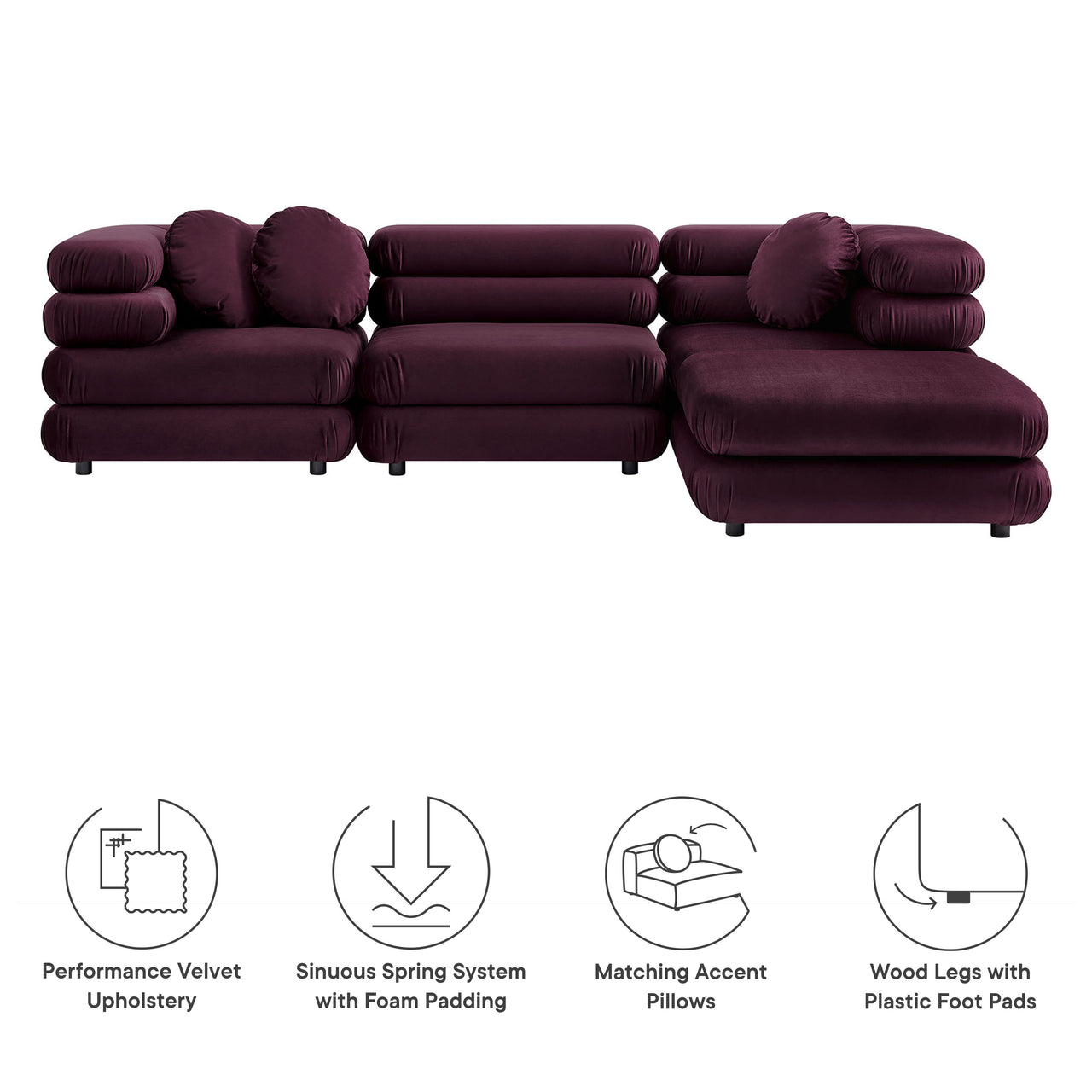 Strata 4-Piece Upholstered Velvet Modular Sectional, Wine