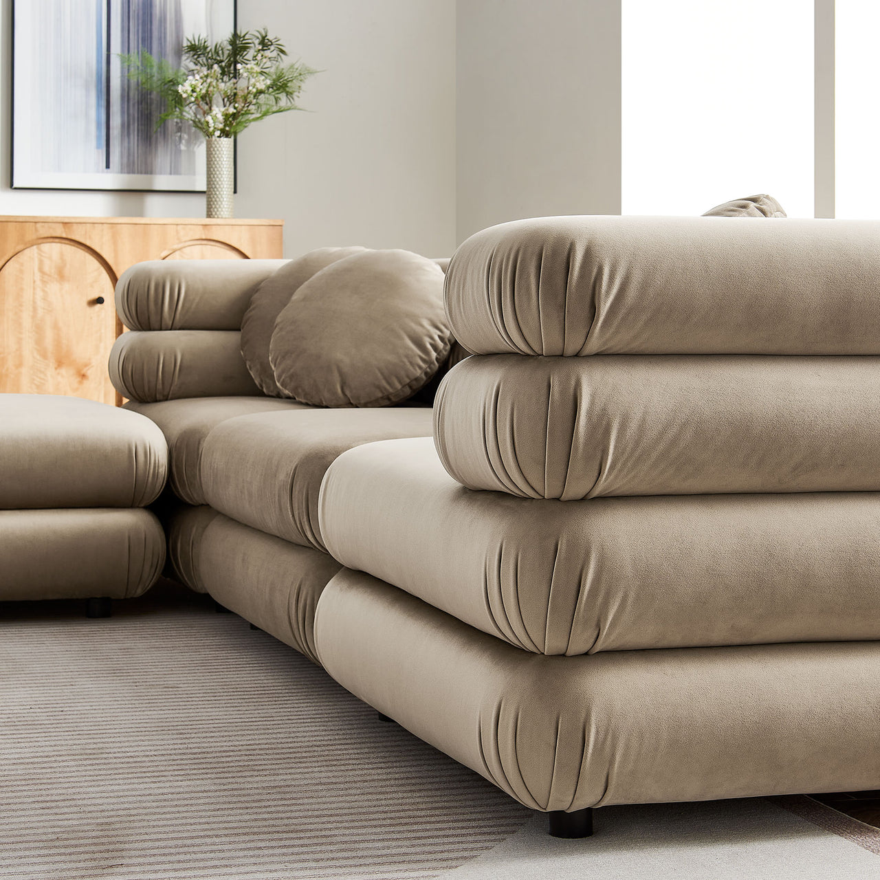 Strata 4-Piece Upholstered Velvet Modular Sectional, Taupe
