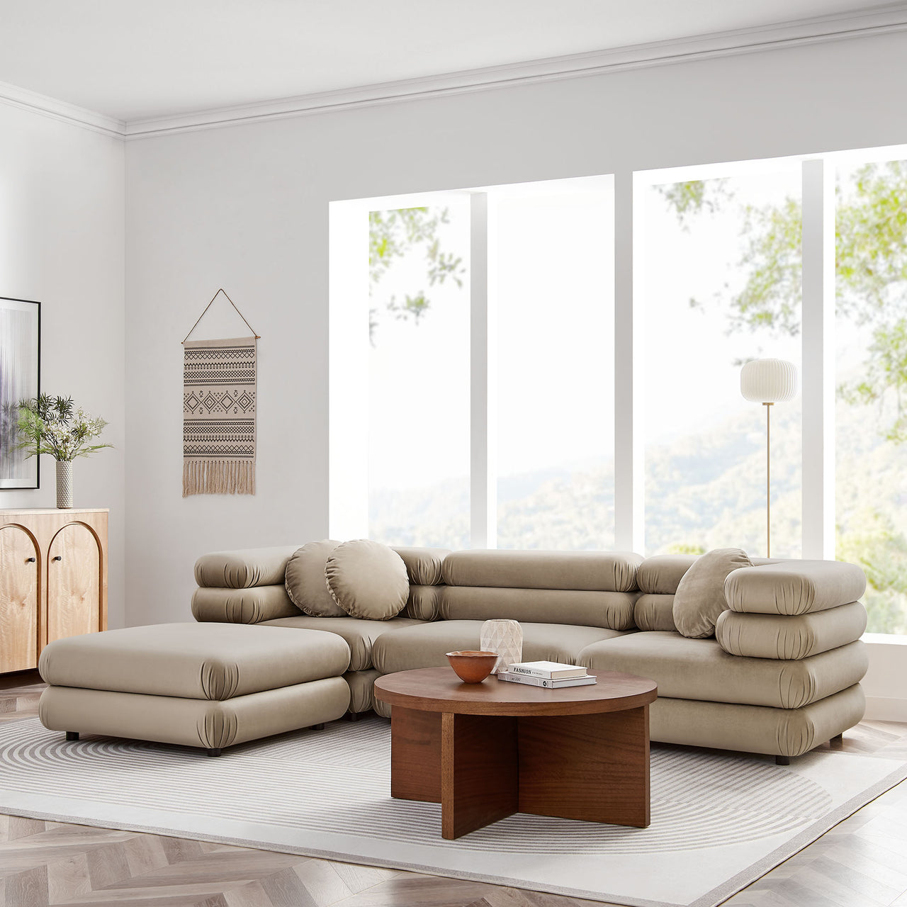 Strata 4-Piece Upholstered Velvet Modular Sectional, Taupe