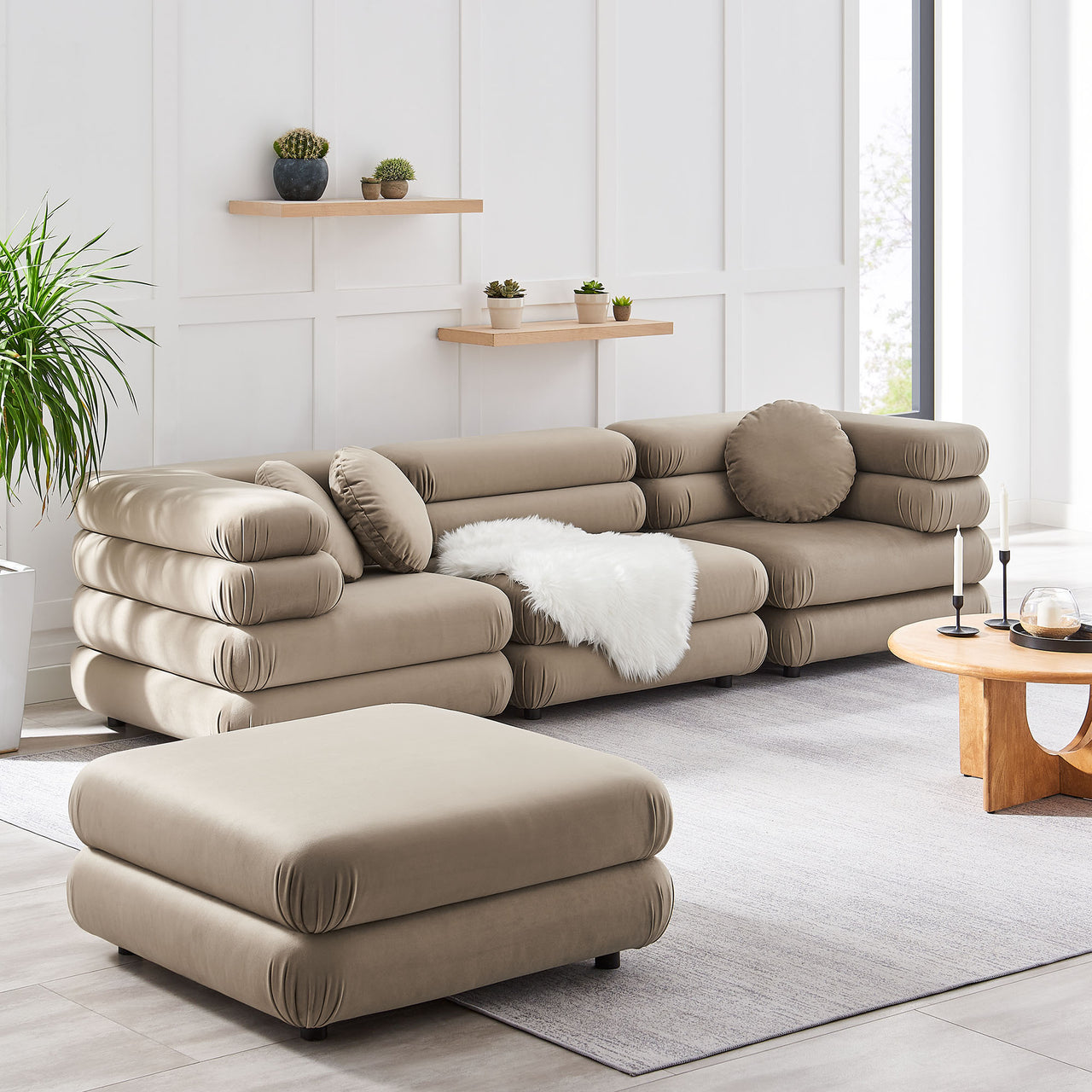 Strata 4-Piece Upholstered Velvet Modular Sectional, Taupe
