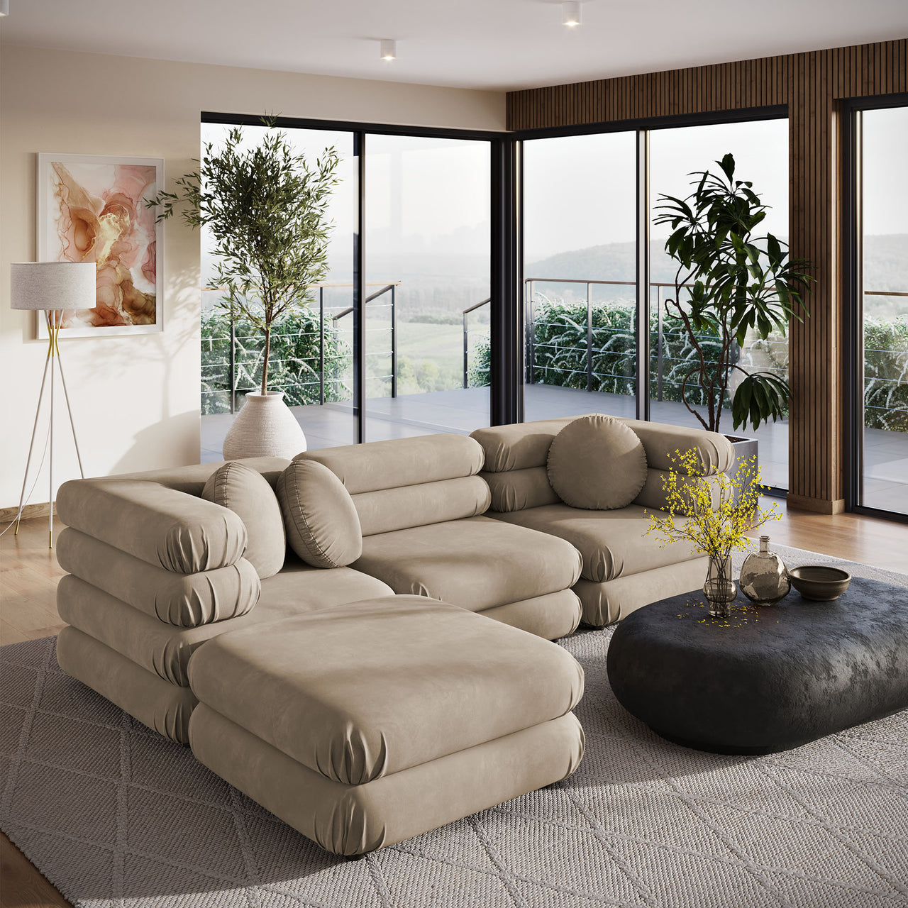 Strata 4-Piece Upholstered Velvet Modular Sectional, Taupe