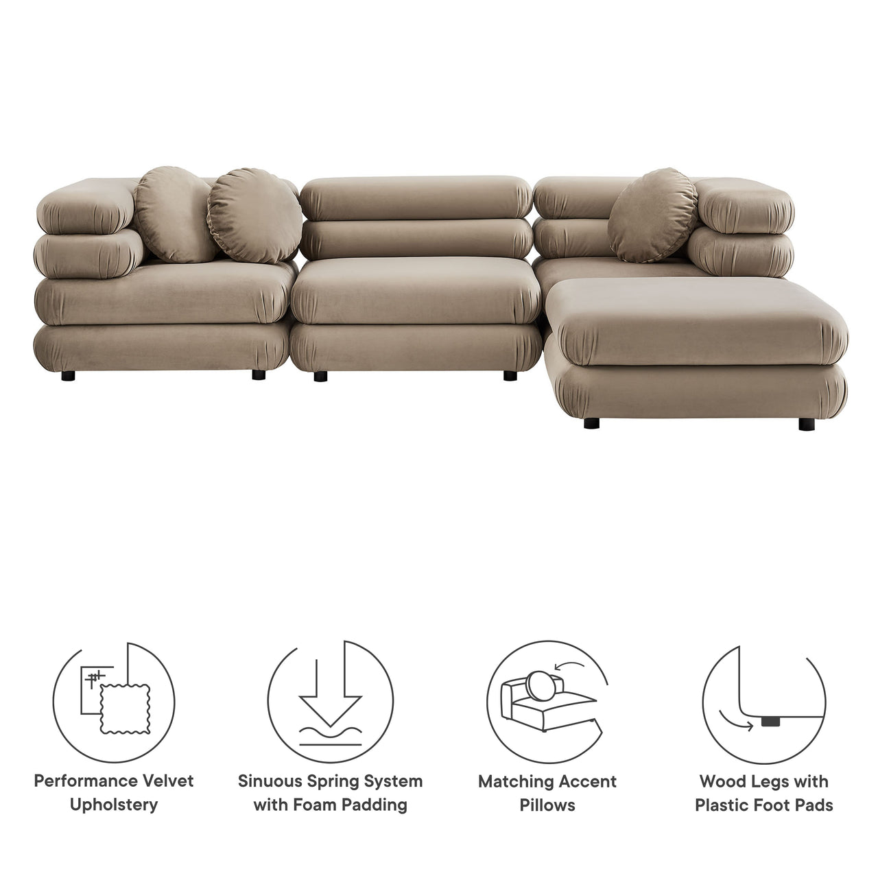 Strata 4-Piece Upholstered Velvet Modular Sectional, Taupe