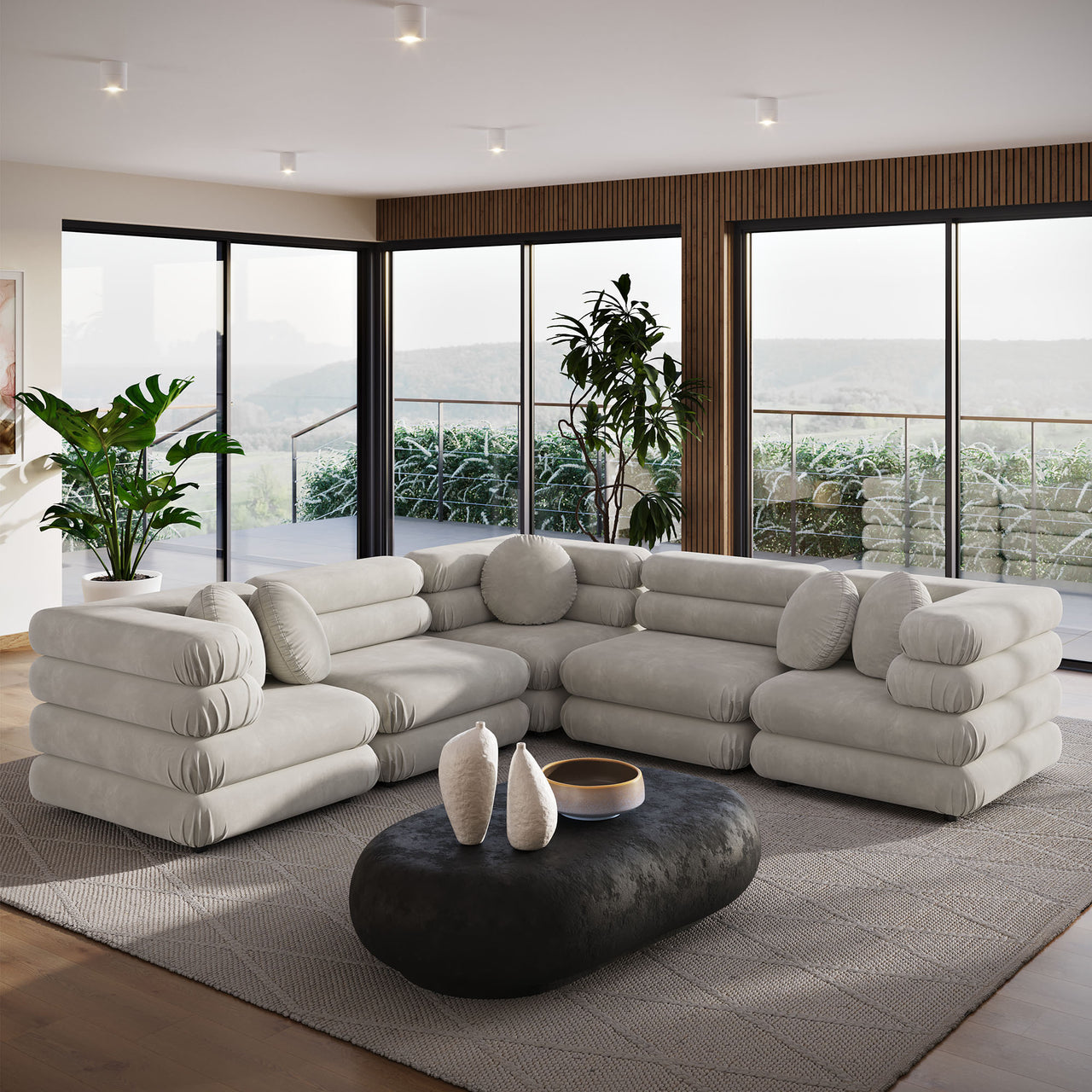 Strata 5-Piece Upholstered Velvet Modular Sectional, Almond