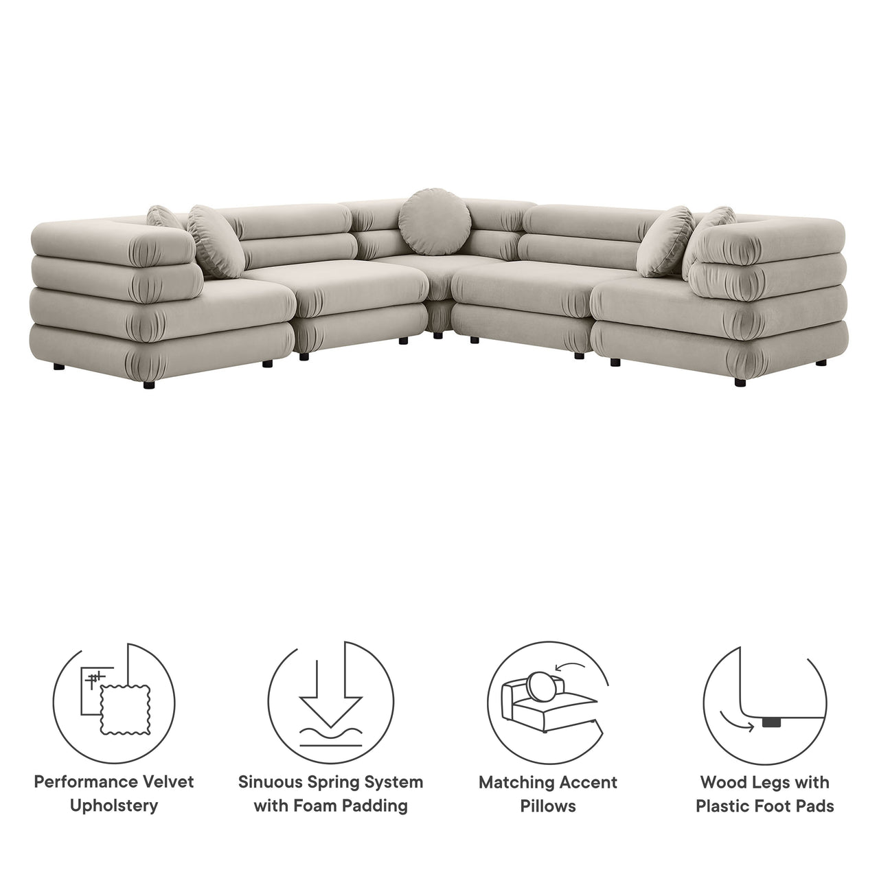 Strata 5-Piece Upholstered Velvet Modular Sectional, Almond