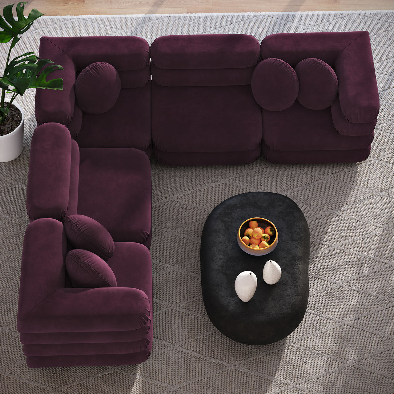 Strata 5-Piece Upholstered Velvet Modular Sectional, Wine