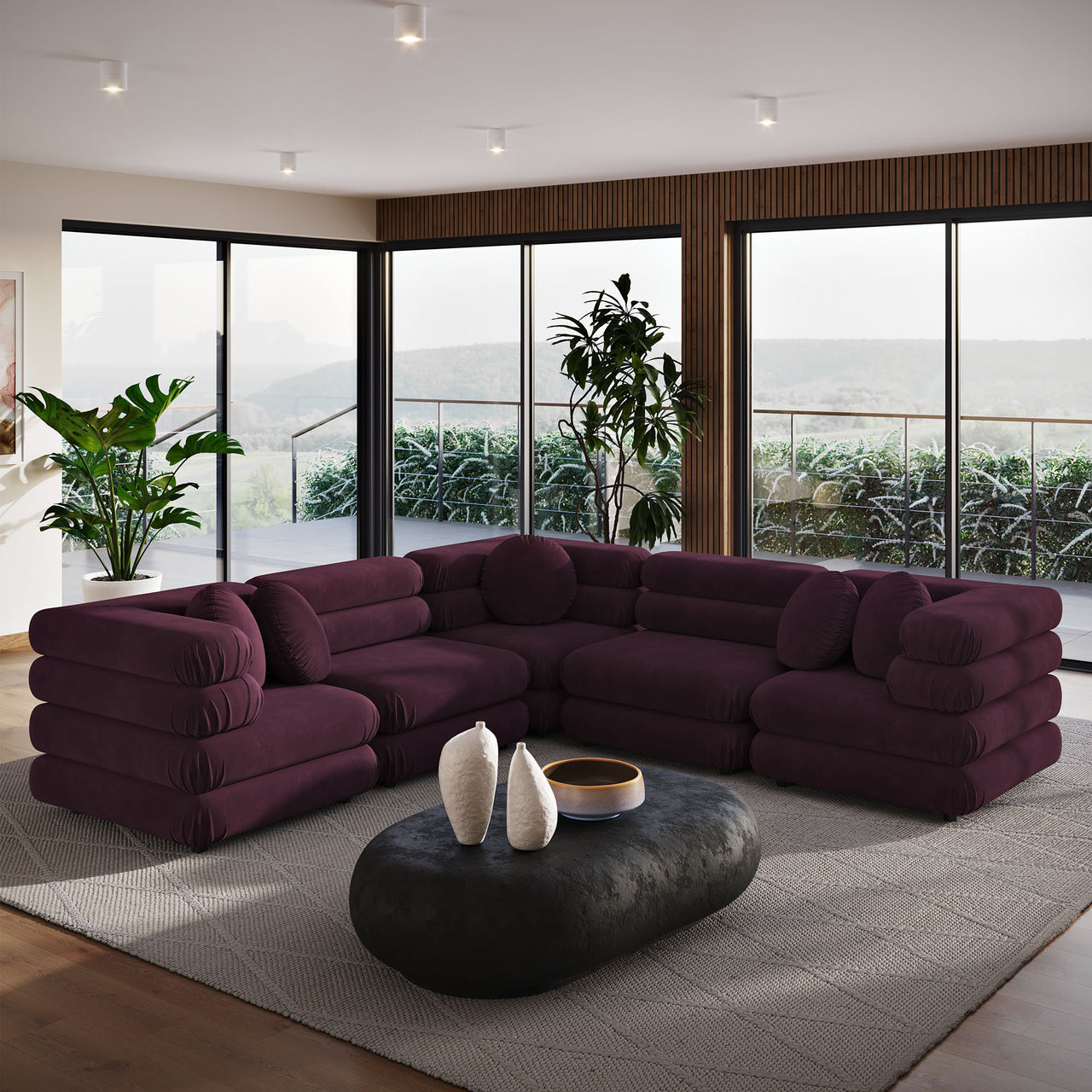 Strata 5-Piece Upholstered Velvet Modular Sectional, Wine