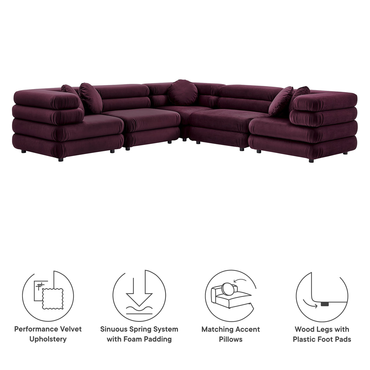 Strata 5-Piece Upholstered Velvet Modular Sectional, Wine