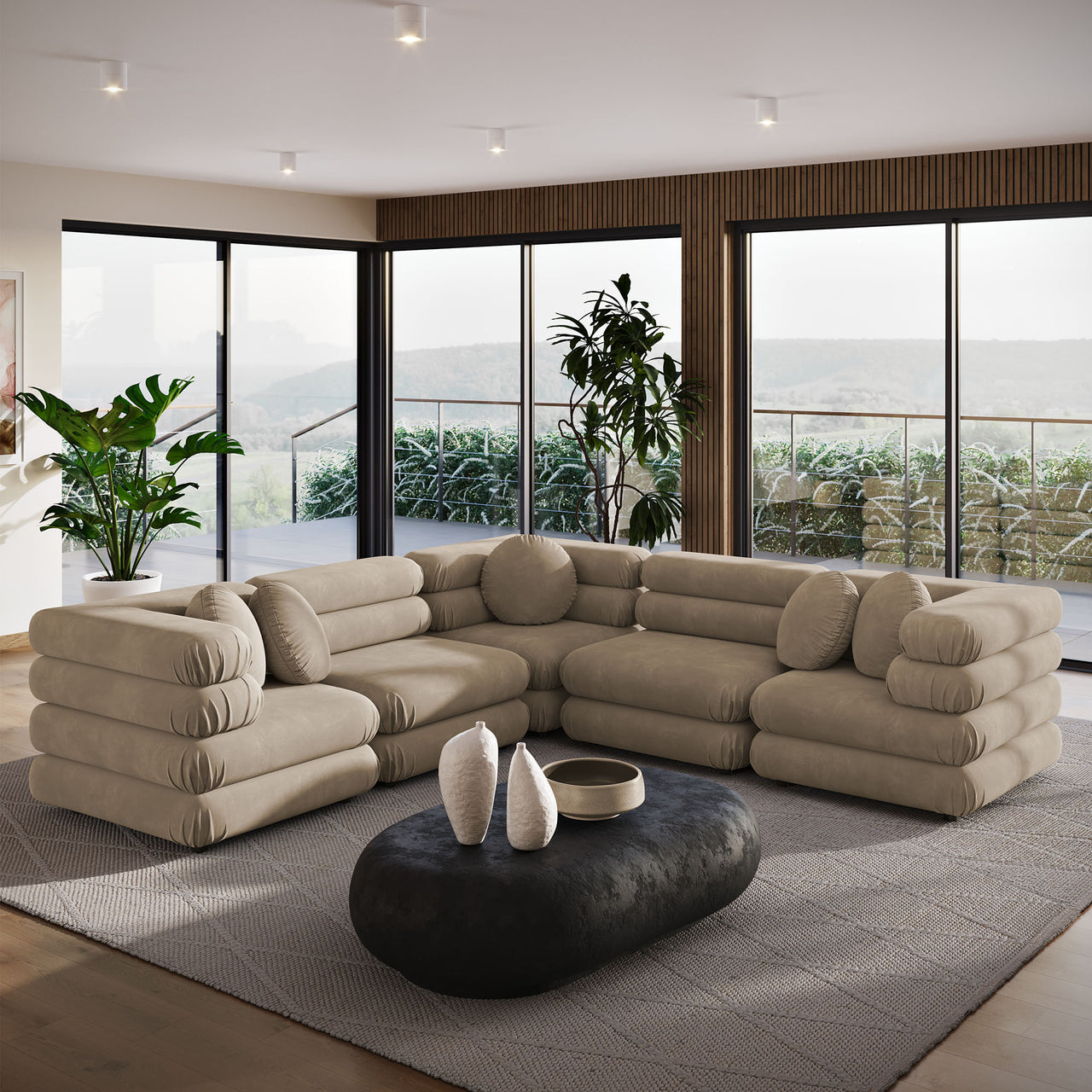 Strata 5-Piece Upholstered Velvet Modular Sectional, Taupe