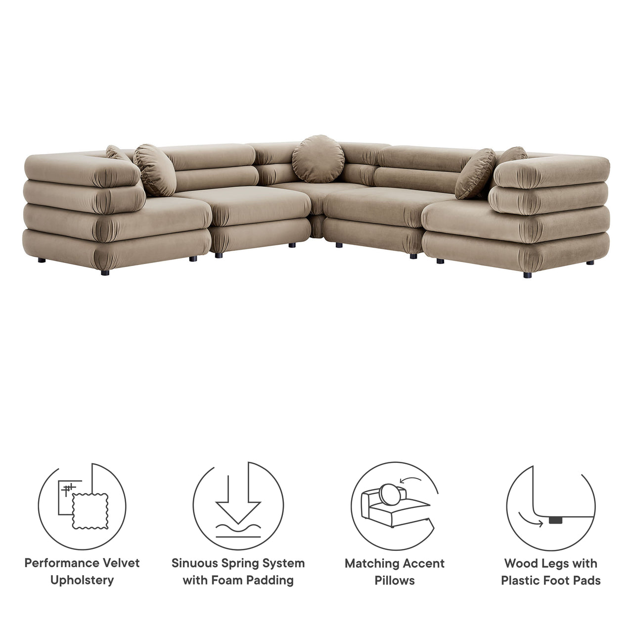 Strata 5-Piece Upholstered Velvet Modular Sectional, Taupe