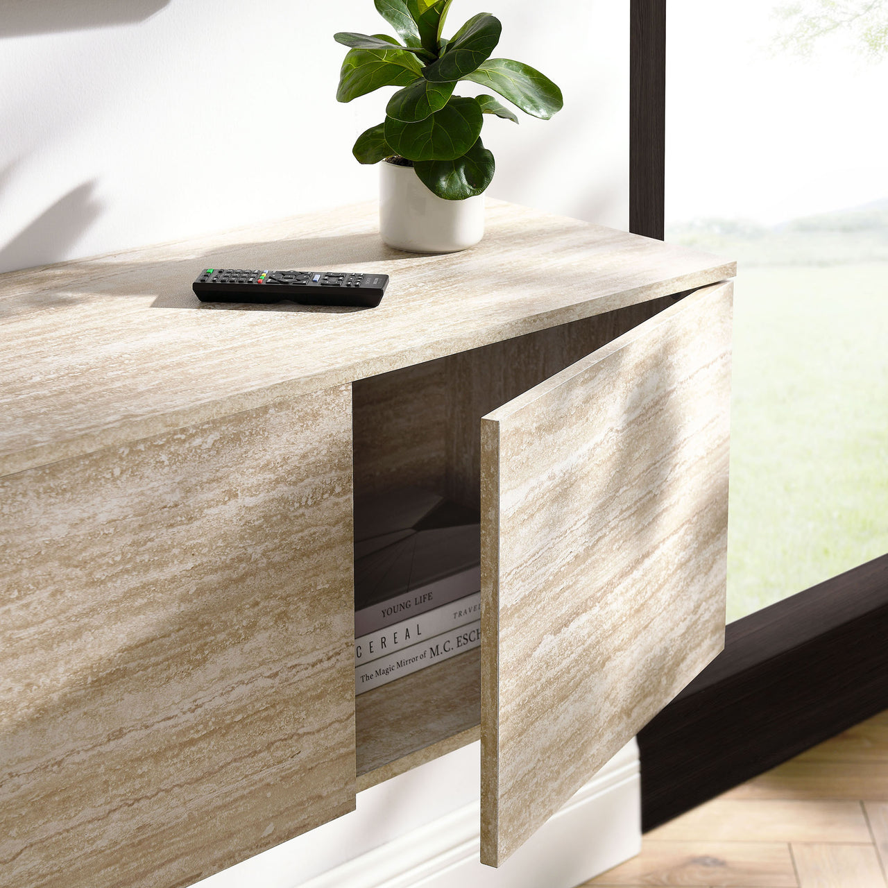 Sevielle Wall Mounted TV Stand | Cabinet, Travertine