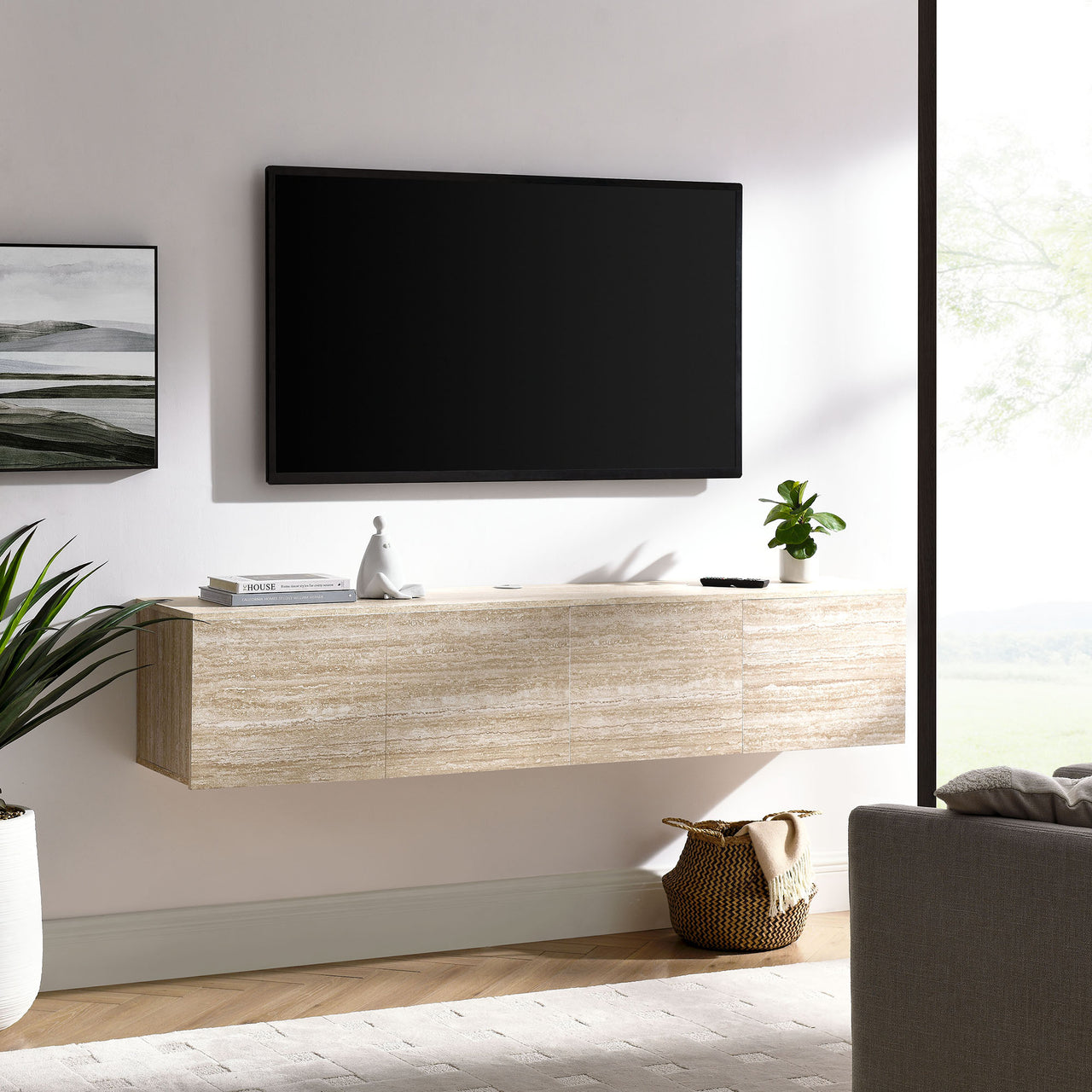 Sevielle Wall Mounted TV Stand | Cabinet, Travertine