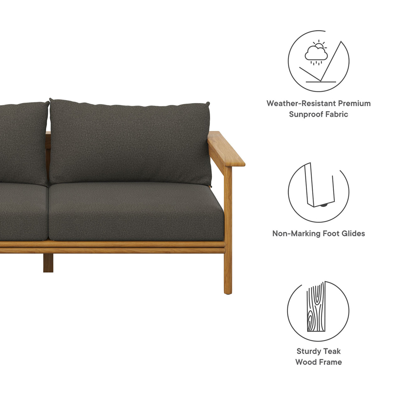 Weylan Alfresco Grade-A Teak Sofa, Natural Wood & Charcoal