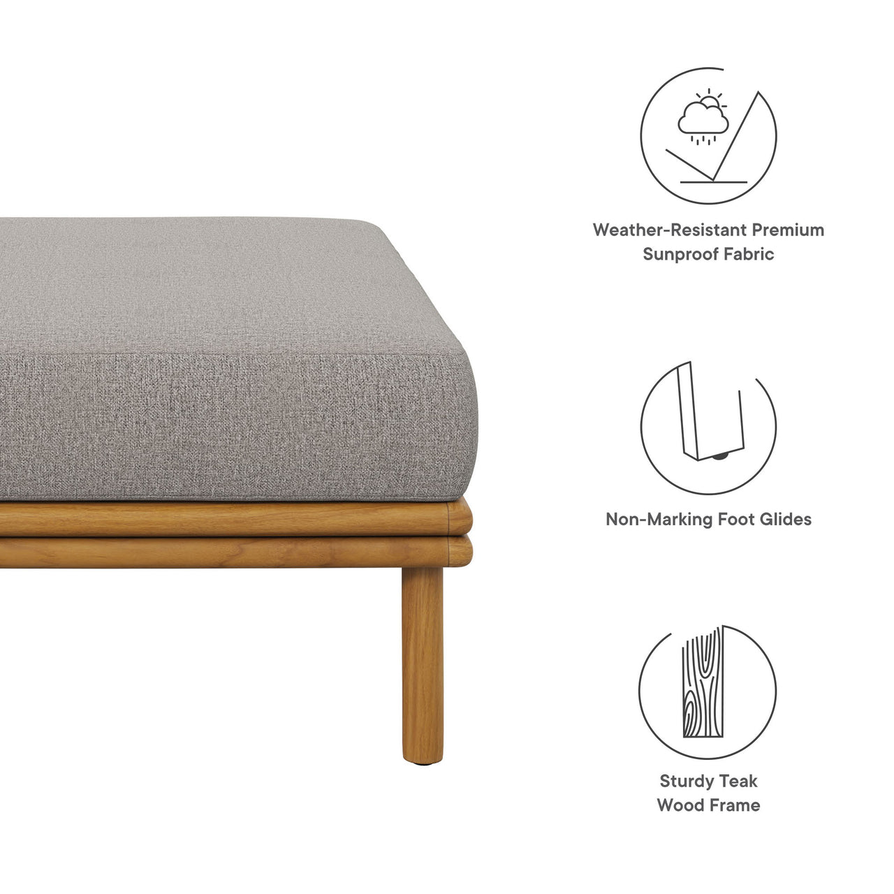 Weylan Alfresco Grade-A Teak Ottoman, Natural Wood & Gray