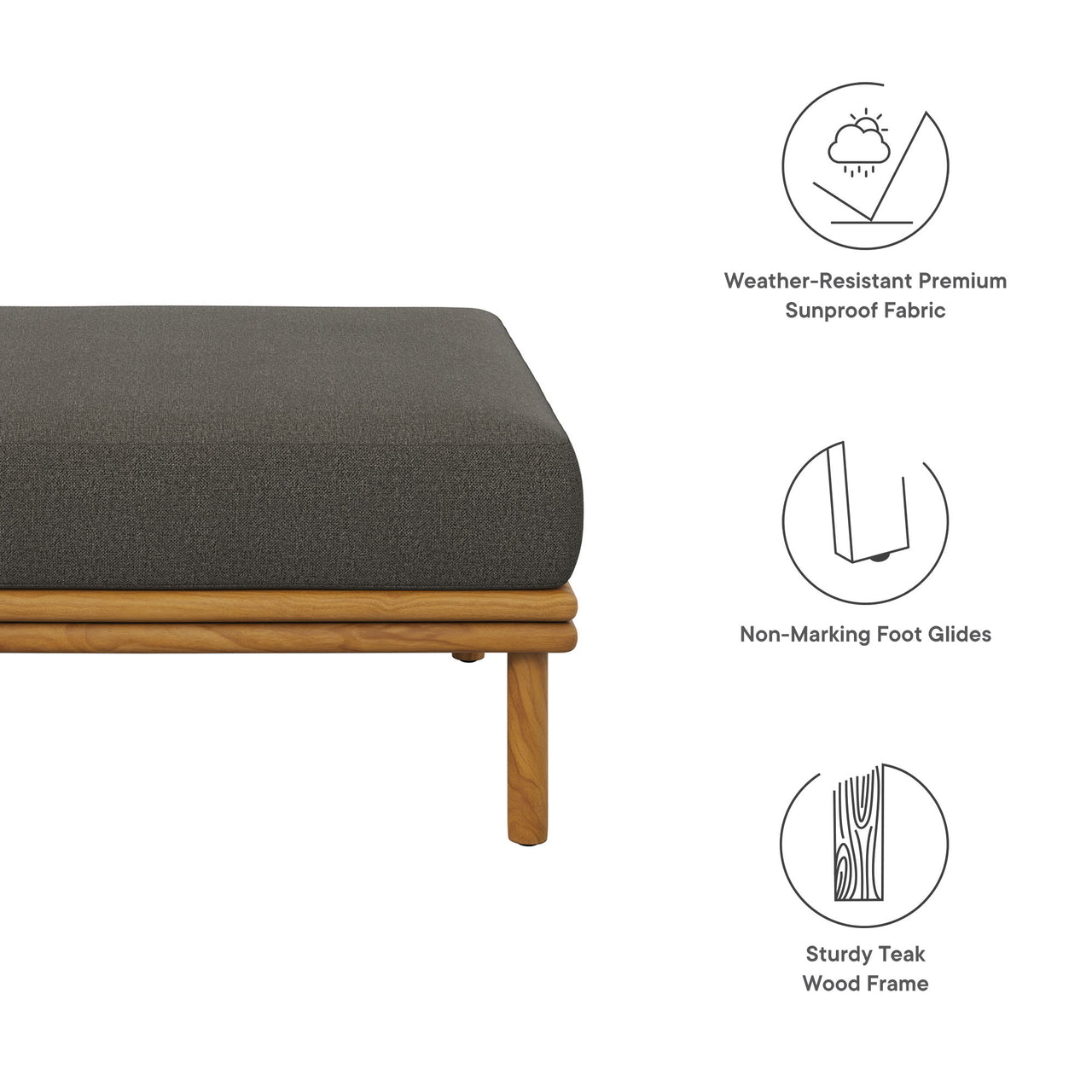 Weylan Alfresco Grade-A Teak Ottoman, Natural Wood & Charcoal