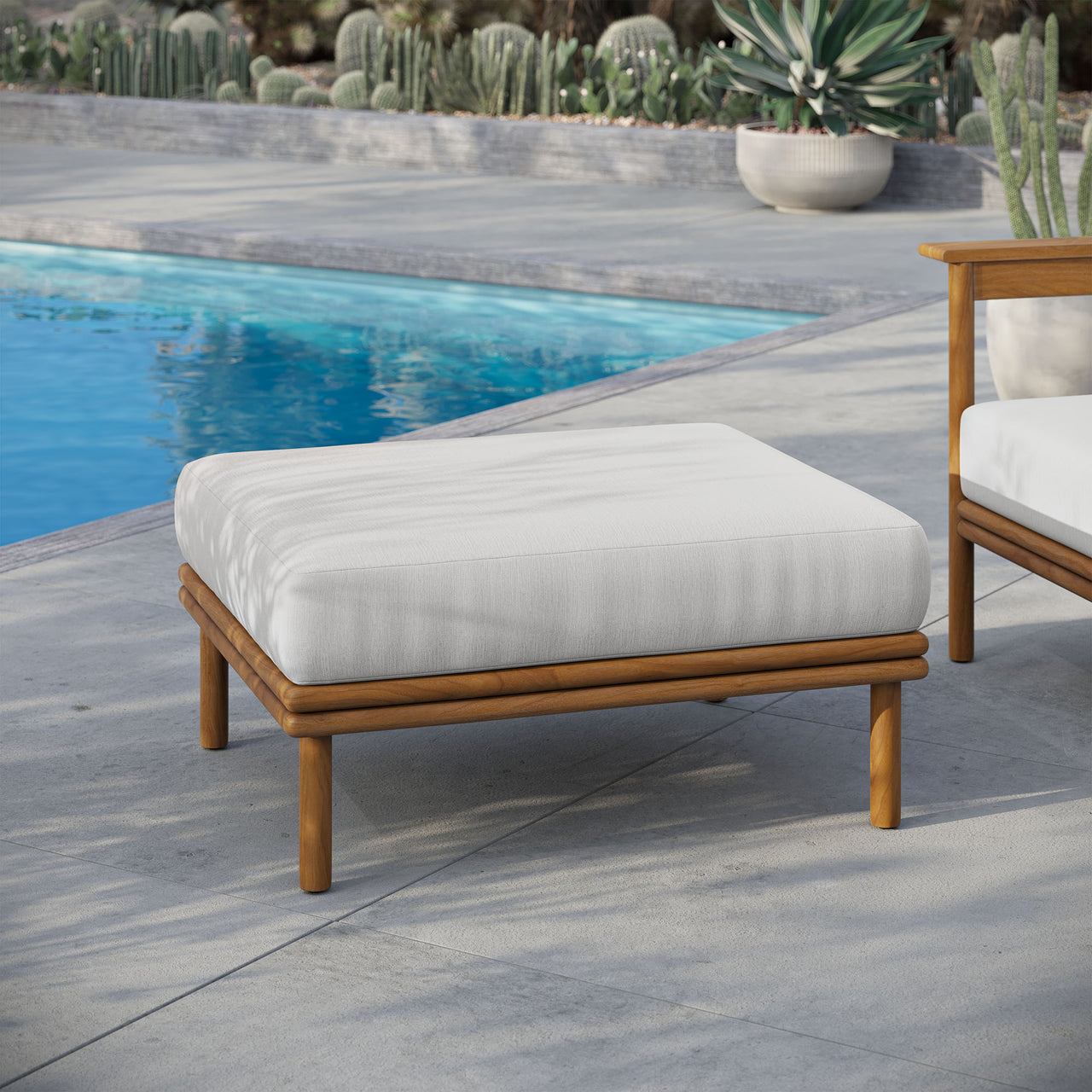 Weylan Alfresco Grade-A Teak Ottoman, Natural Wood & Off-White