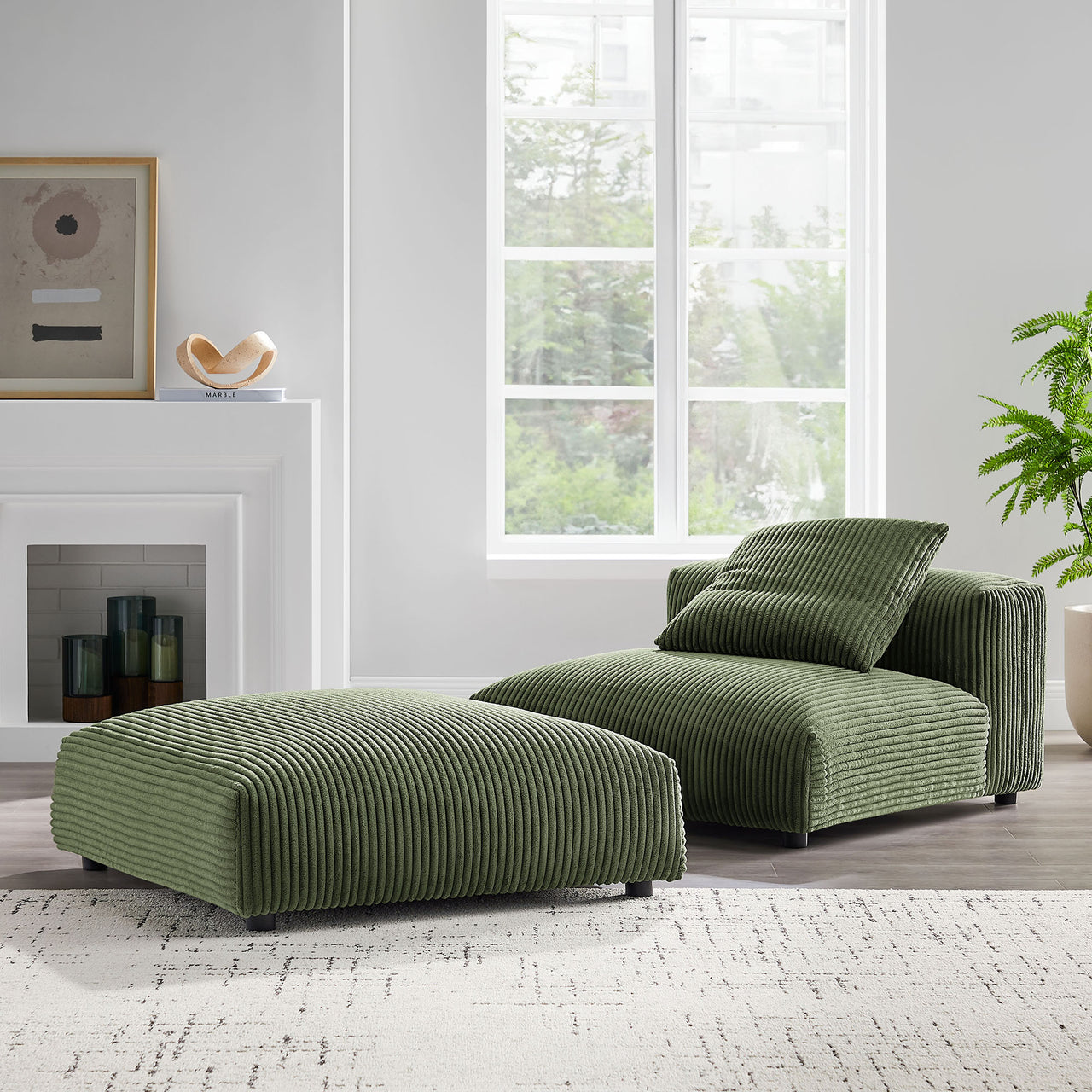Leisure Modular Corduroy Armless Chair and Ottoman Set, Fern