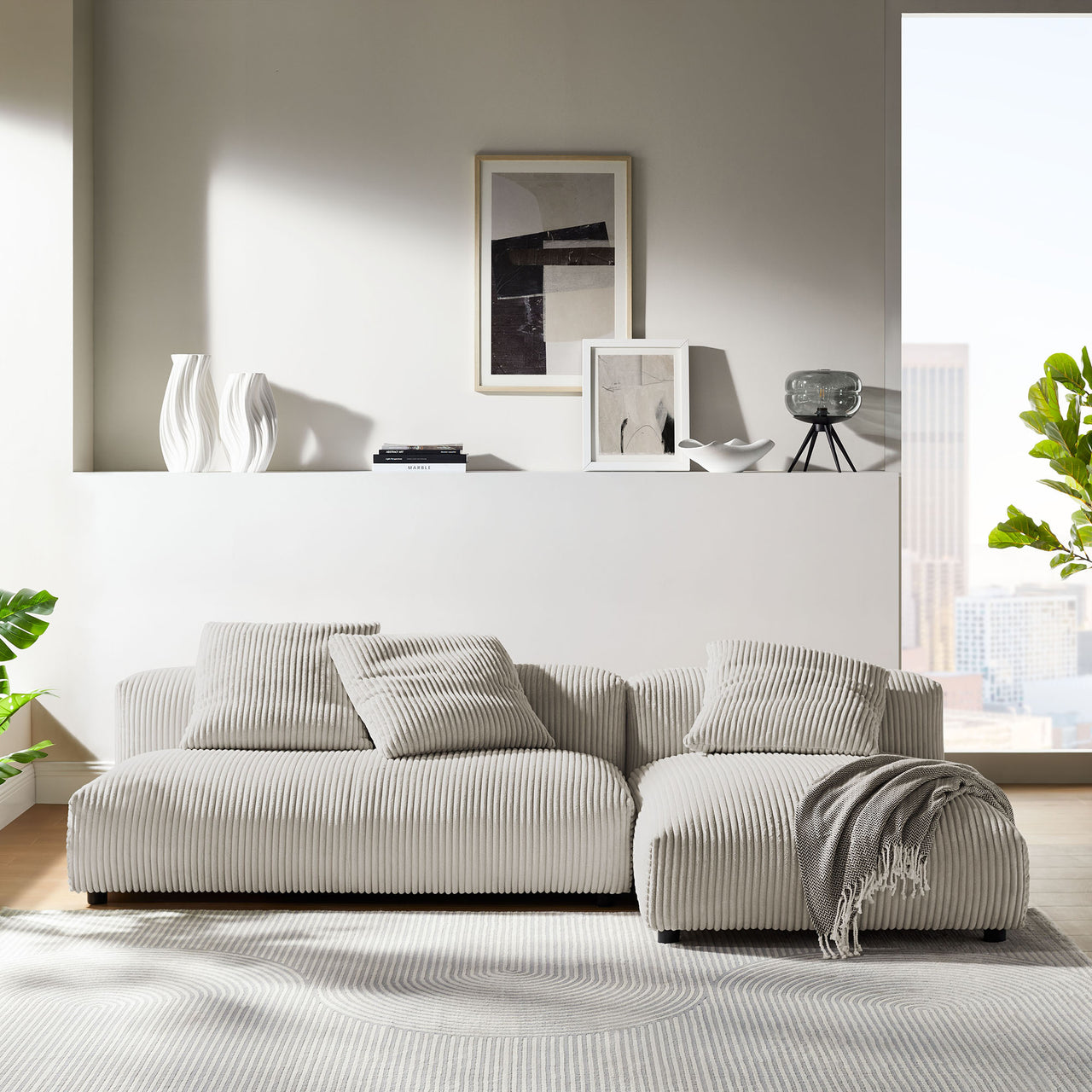Leisure 2-Piece Modular Corduroy Sectional with Chaise, Almond
