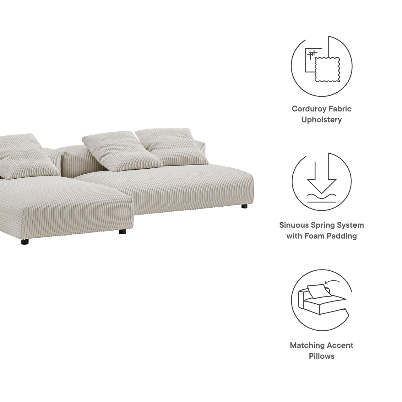 Leisure 2-Piece Modular Corduroy Sectional with Chaise, Almond