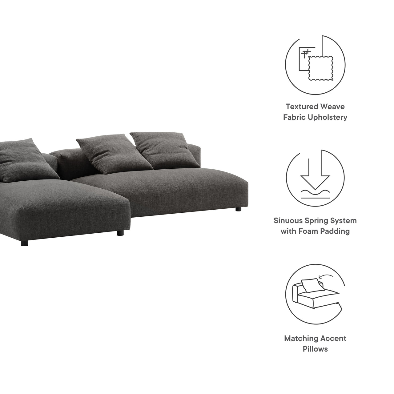 Leisure 2-Piece Modular Fabric Sectional with Chaise, Charcoal