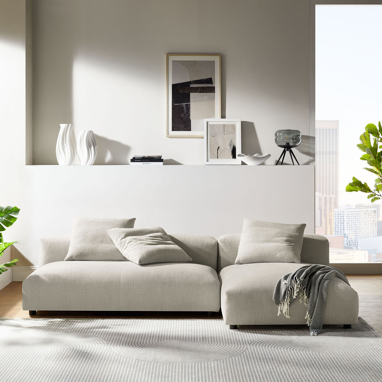 Leisure 2-Piece Modular Fabric Sectional with Chaise, Linen