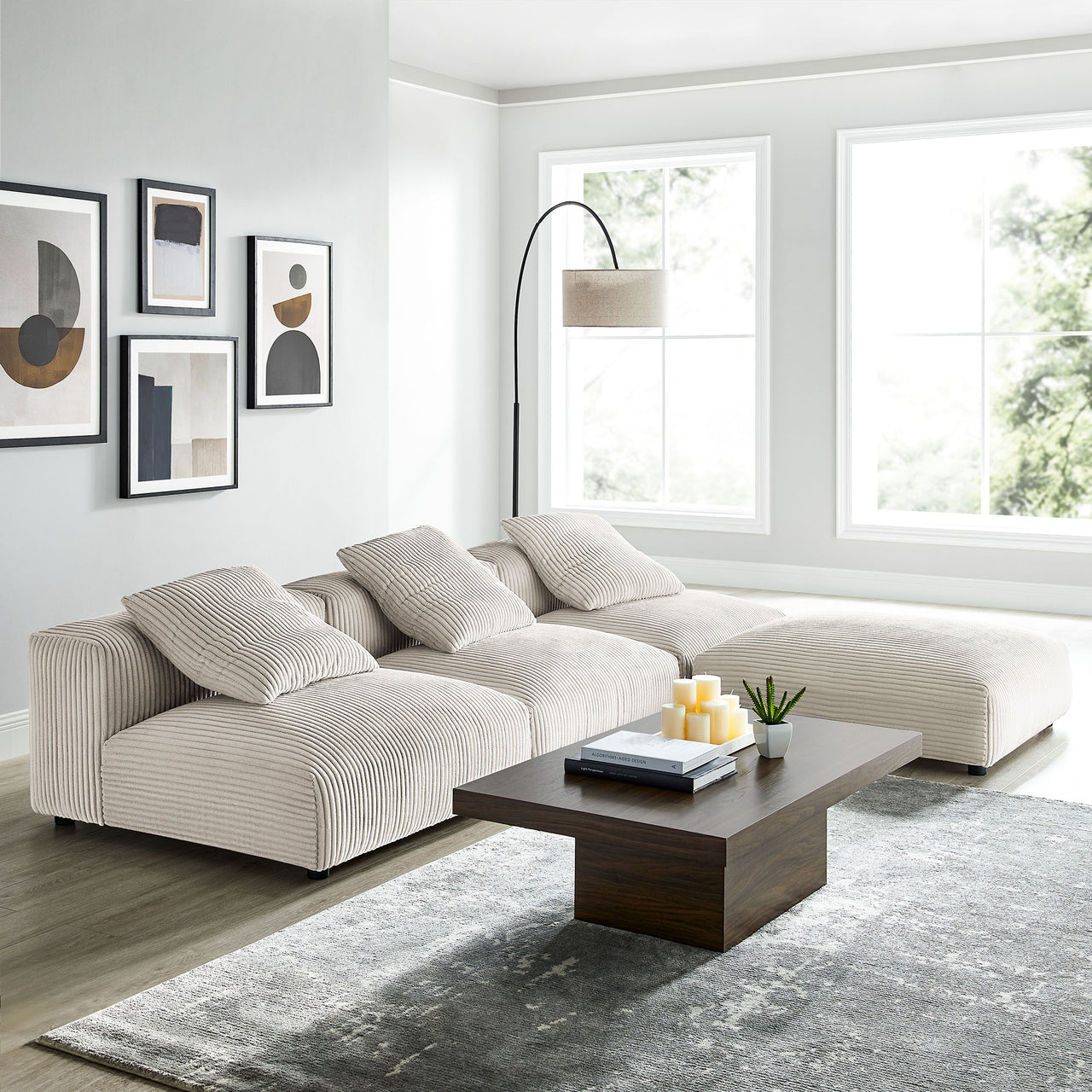 Leisure 4-Piece Modular Corduroy Sectional, Almond