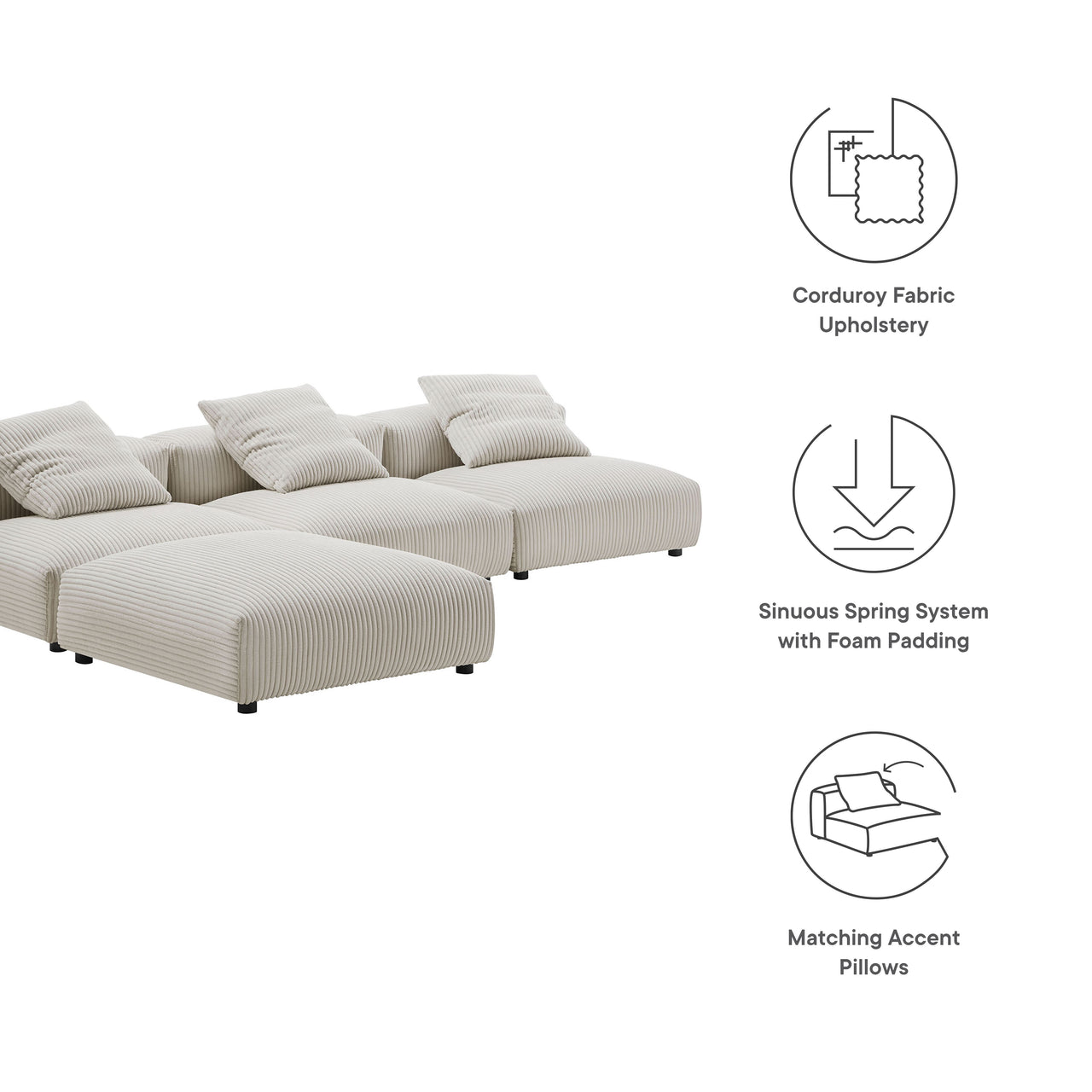 Leisure 4-Piece Modular Corduroy Sectional, Almond