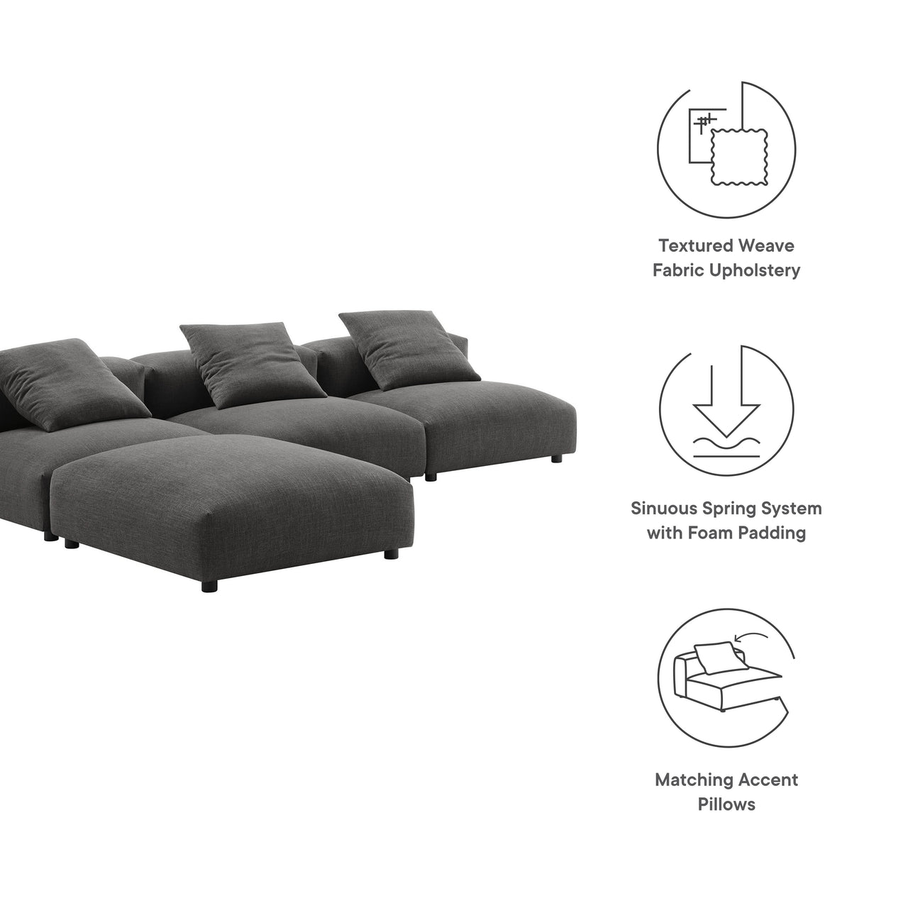 Leisure 4-Piece Modular Fabric Sectional, Charcoal