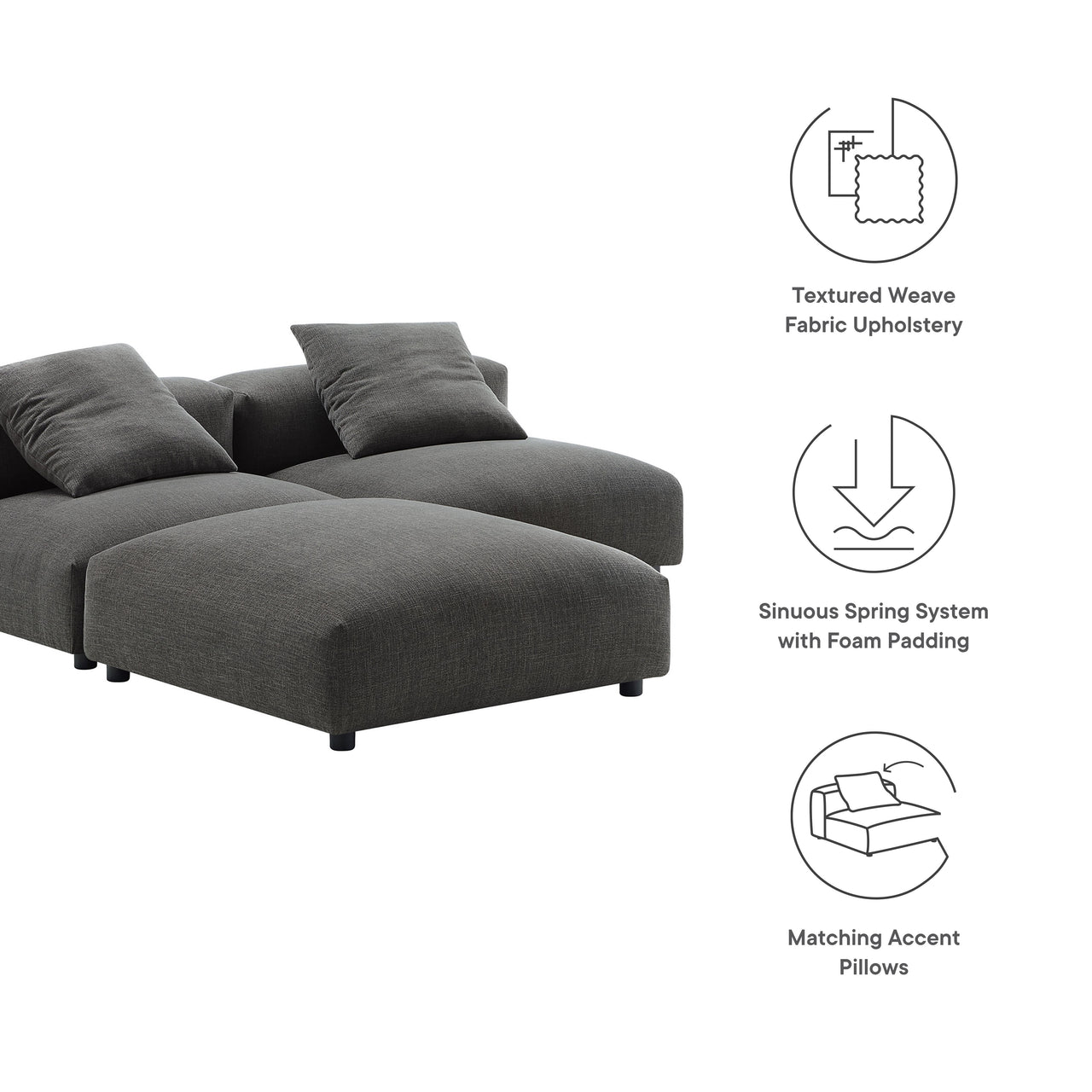 Leisure 3-Piece Modular Fabric Sectional, Charcoal