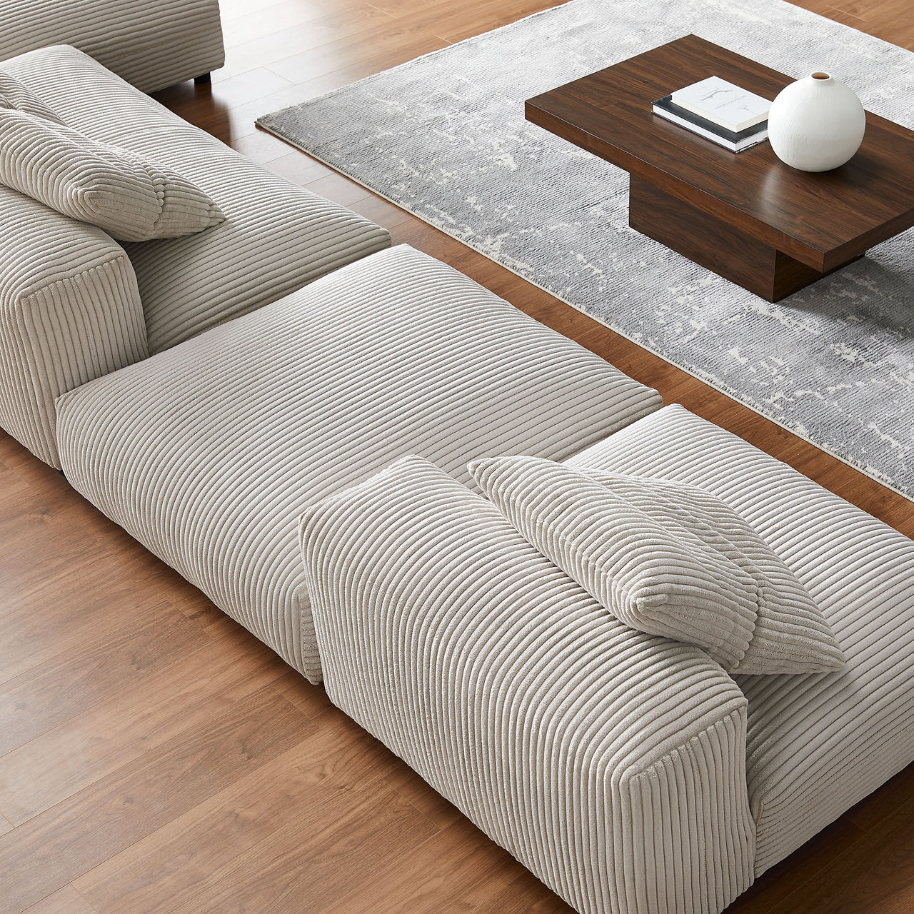 Leisure 4-Piece Modular Corduroy Sectional with Ottoman, Almond
