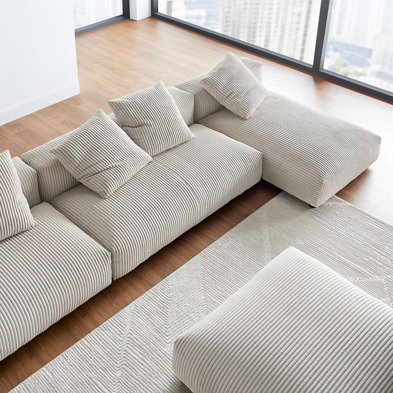 Leisure 4-Piece Modular Corduroy Sectional with Ottoman, Almond