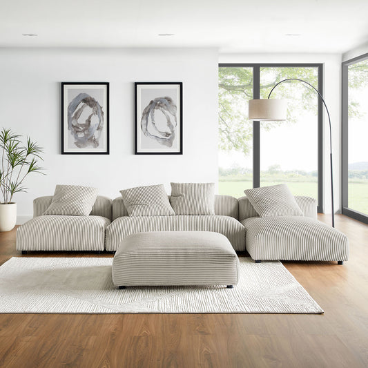 Leisure 4-Piece Modular Corduroy Sectional with Ottoman, Almond