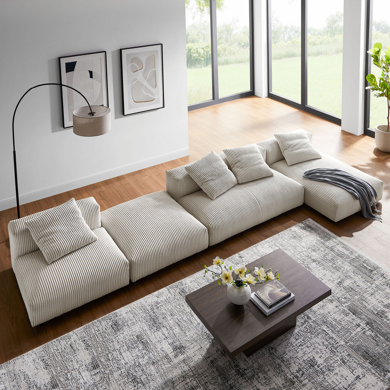 Leisure 4-Piece Modular Corduroy Sectional with Ottoman, Almond