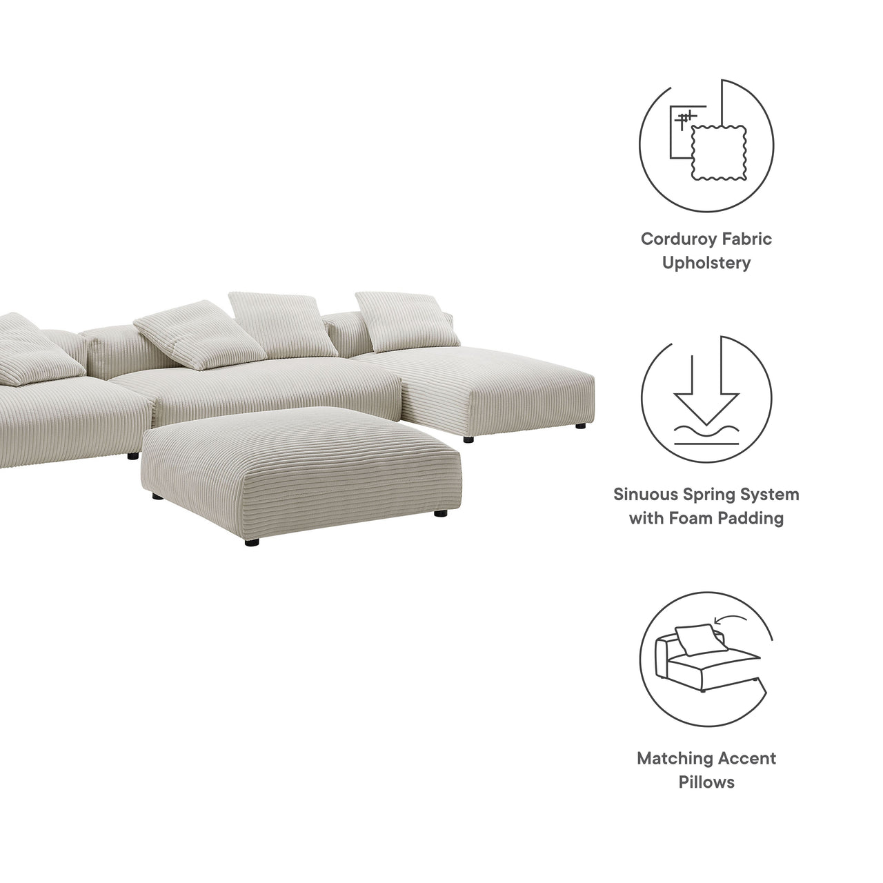 Leisure 4-Piece Modular Corduroy Sectional with Ottoman, Almond