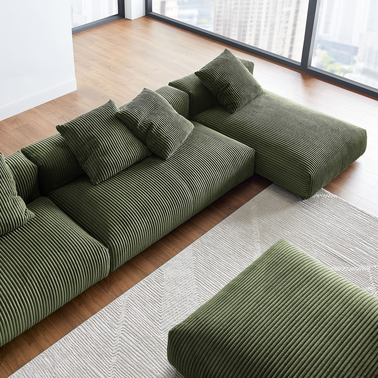 Leisure 4-Piece Modular Corduroy Sectional with Ottoman, Fern