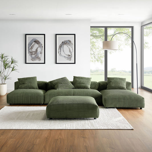 Leisure 4-Piece Modular Corduroy Sectional with Ottoman, Fern