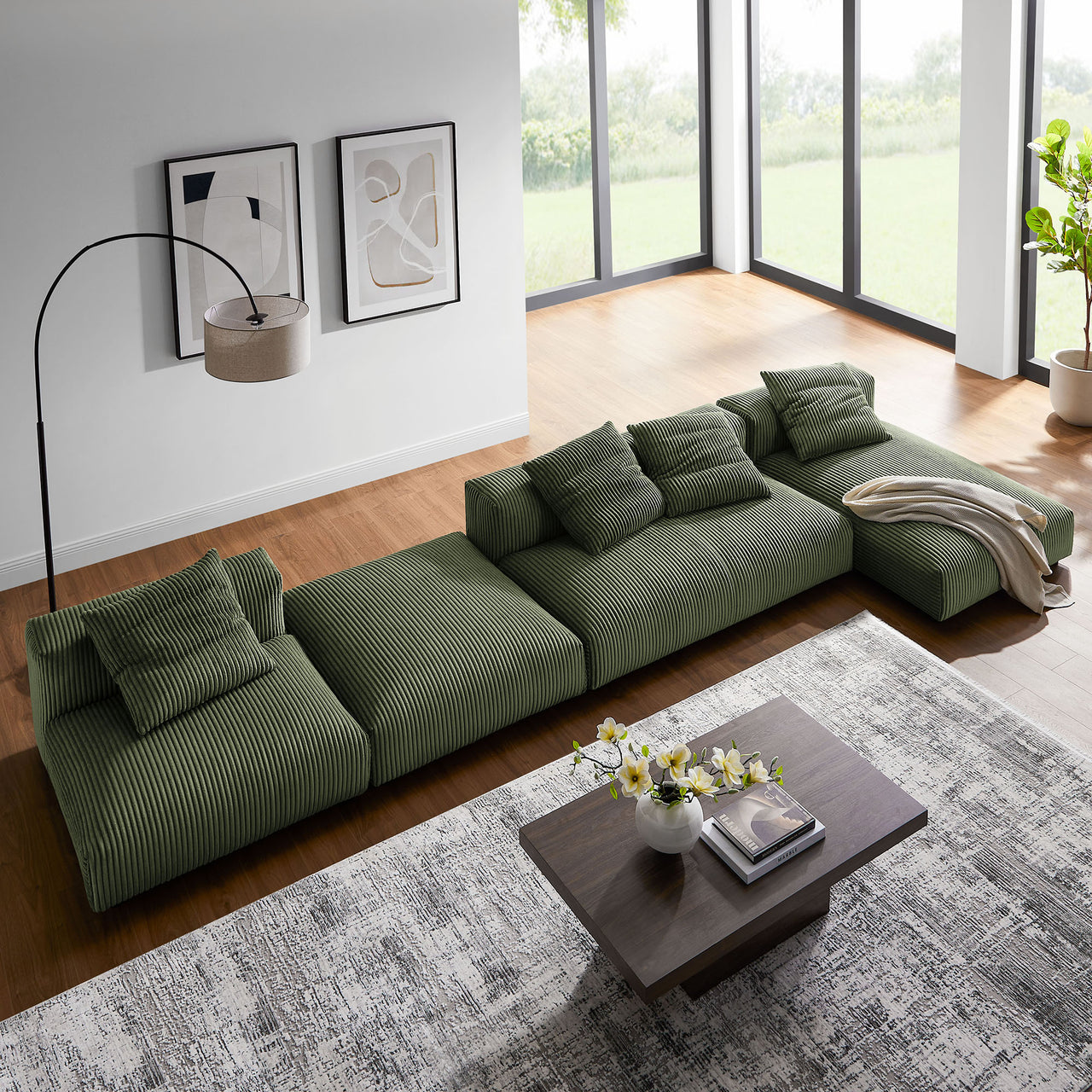 Leisure 4-Piece Modular Corduroy Sectional with Ottoman, Fern