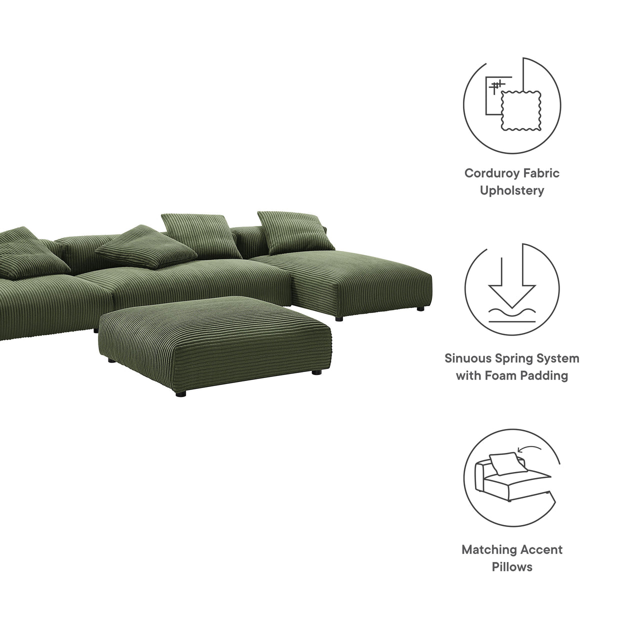 Leisure 4-Piece Modular Corduroy Sectional with Ottoman, Fern