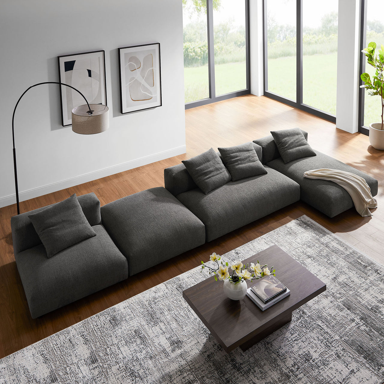 Leisure 4-Piece Modular Fabric Sectional with Ottoman, Charcoal