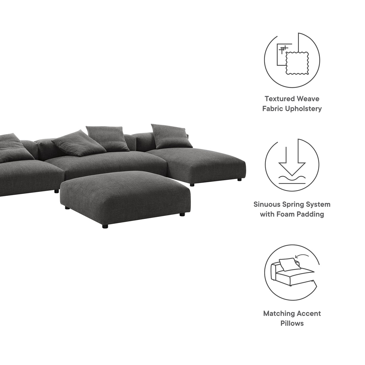 Leisure 4-Piece Modular Fabric Sectional with Ottoman, Charcoal