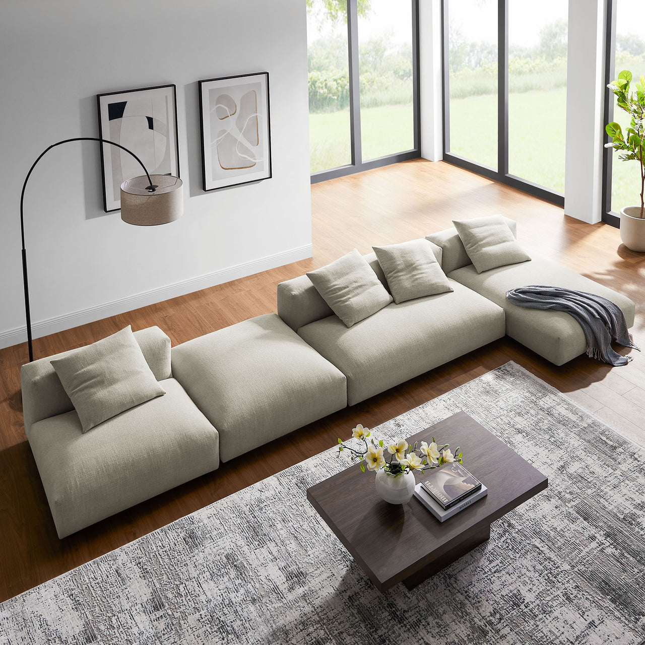 Leisure 4-Piece Modular Fabric Sectional with Ottoman, Linen