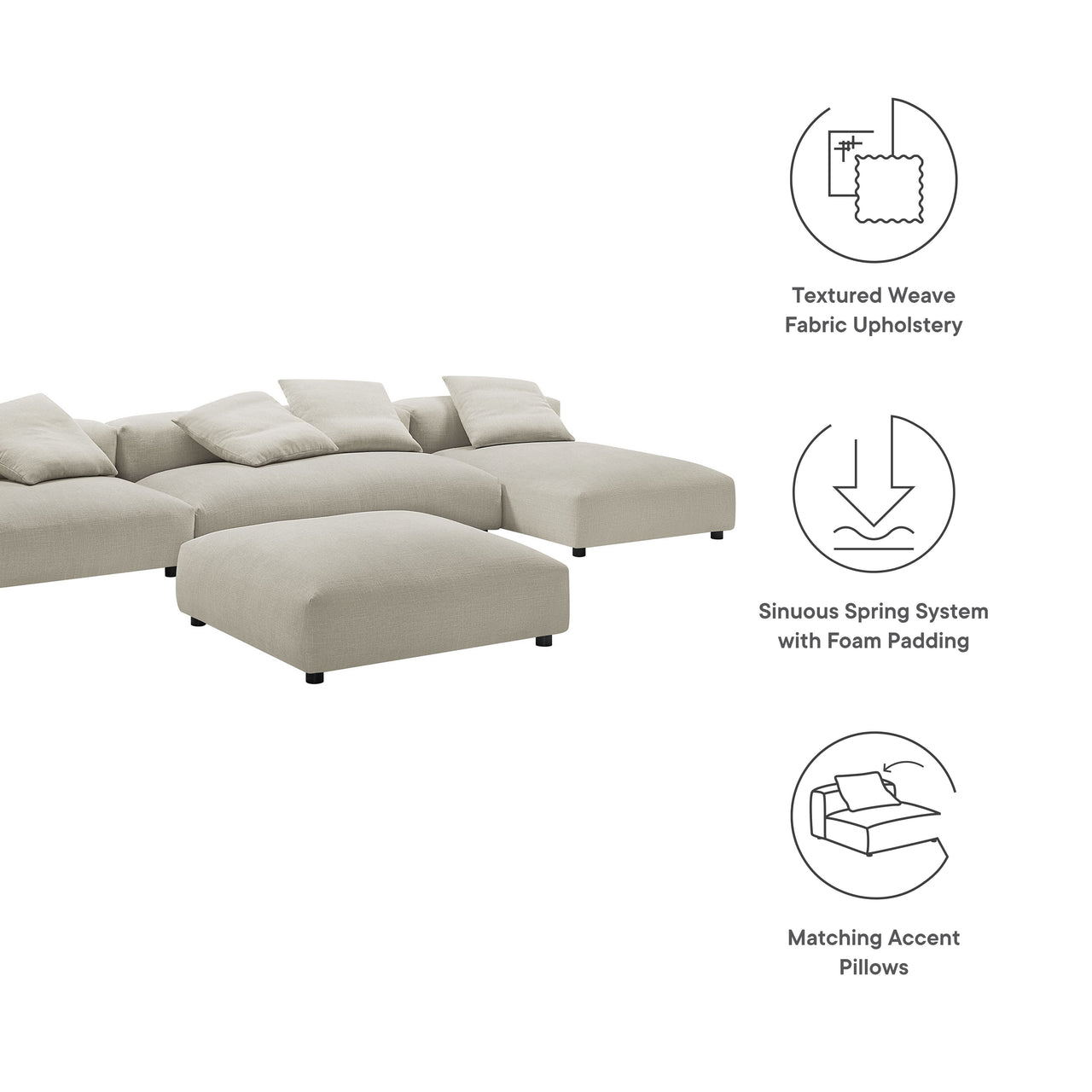Leisure 4-Piece Modular Fabric Sectional with Ottoman, Linen